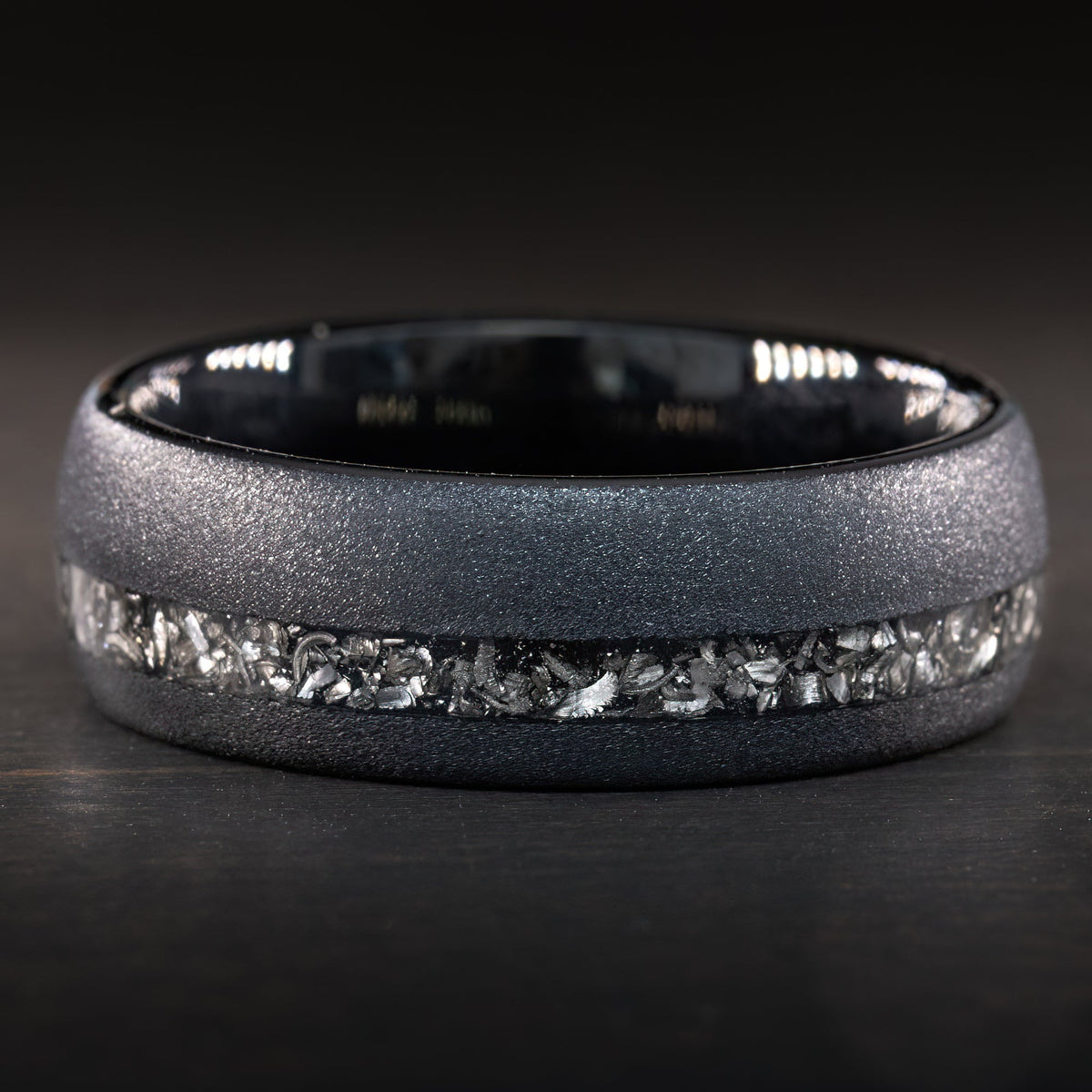 Black Tungsten Carbide Sand Blast Finish [8mm width] Meteorite Inlay - Barrel Shape