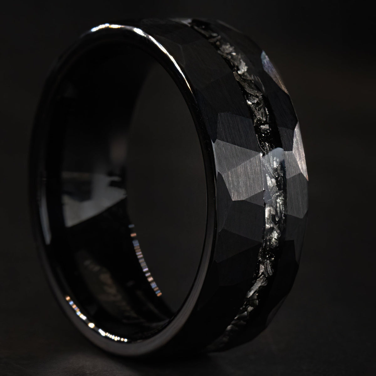 Black Tungsten Hammered Stonewashed Ring [8mm width] Meteorite Inlay