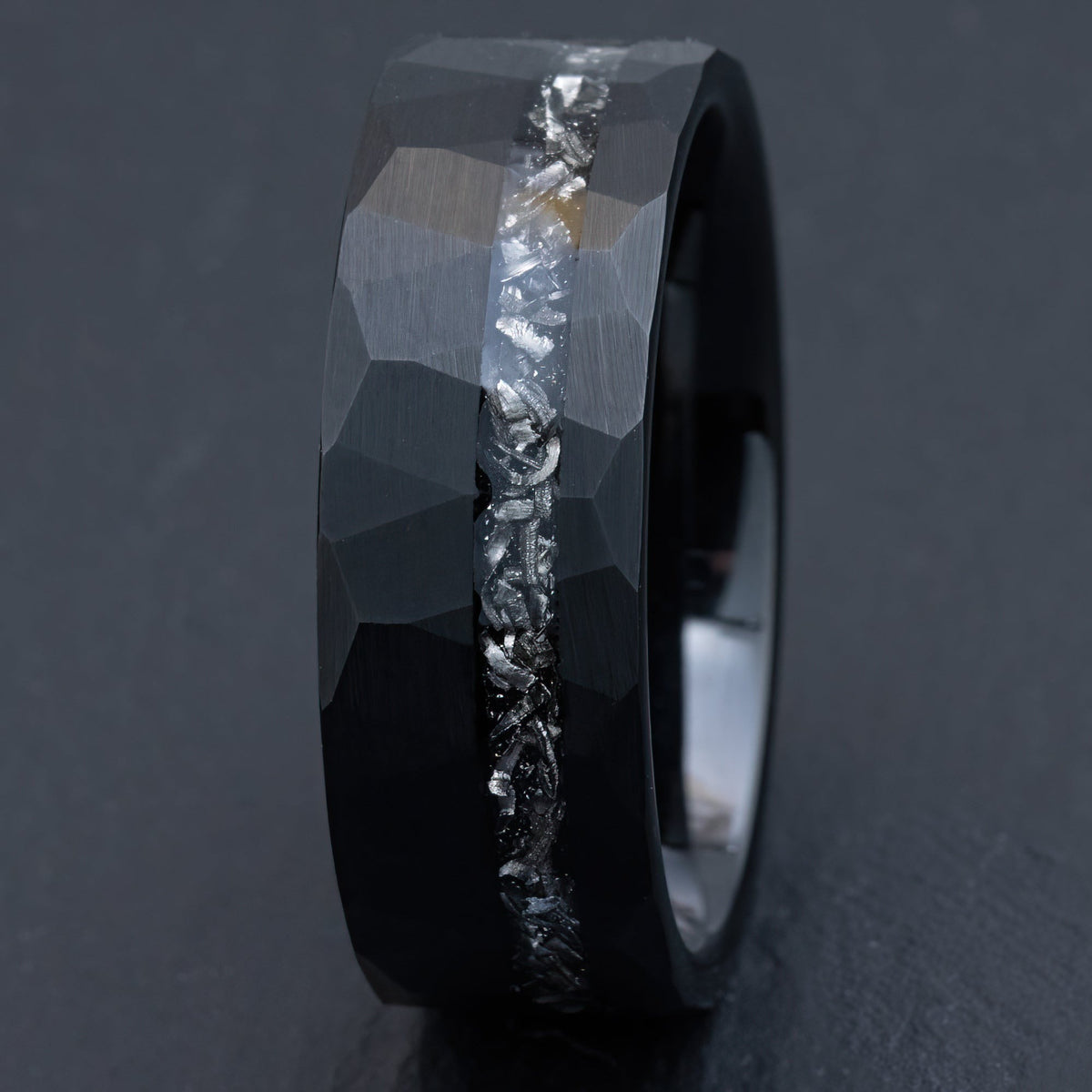Black Tungsten Hammered Stonewashed Ring [8mm width] Meteorite Inlay