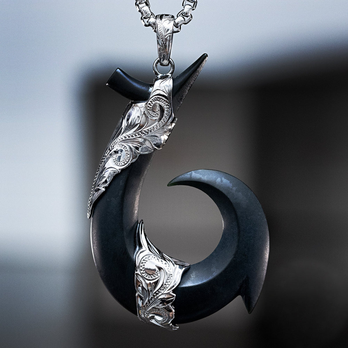 Sterling Silver Black Jade Hawaiian Fish Hook Pendant [Chain Included]