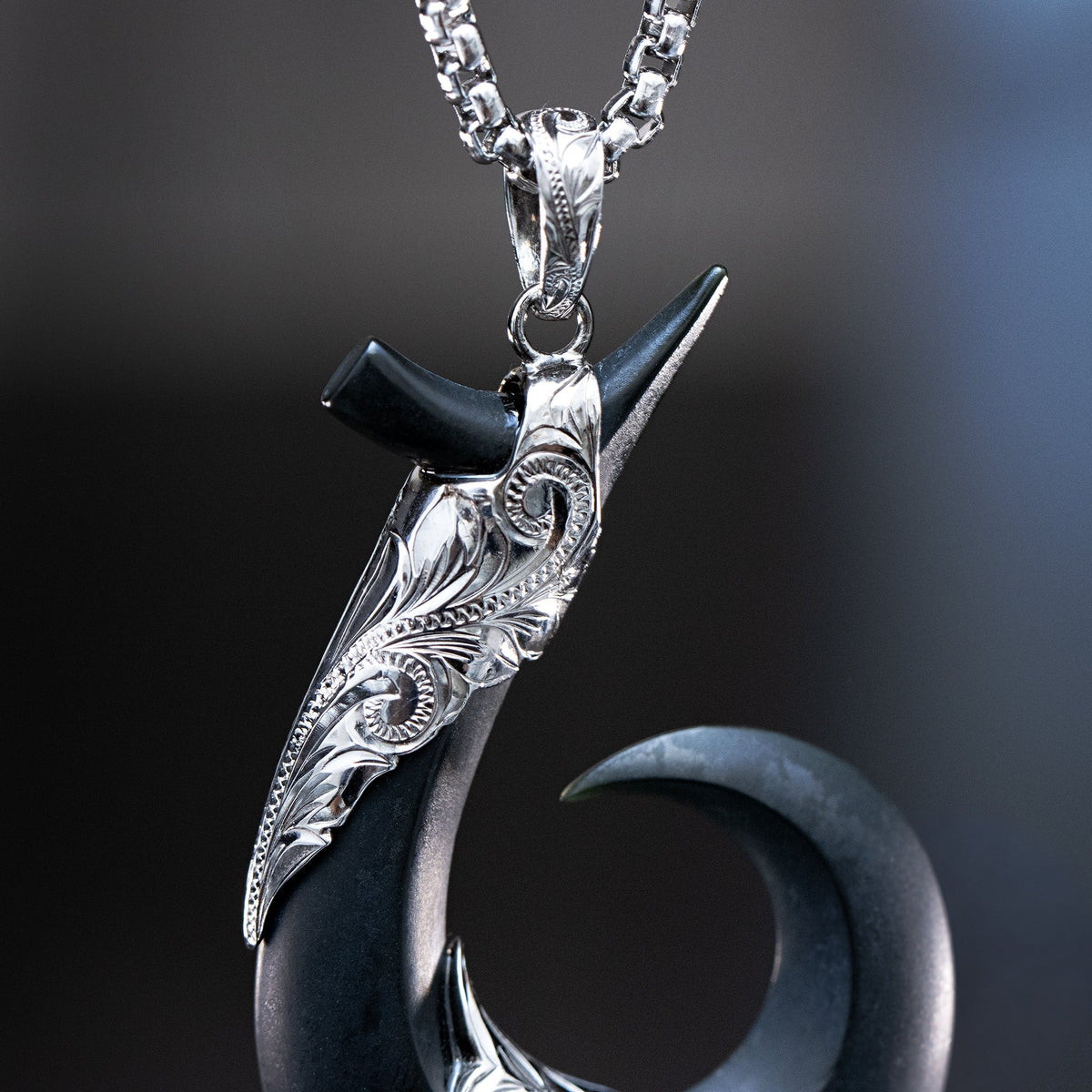 Sterling Silver Black Jade Hawaiian Fish Hook Pendant [Chain Included]