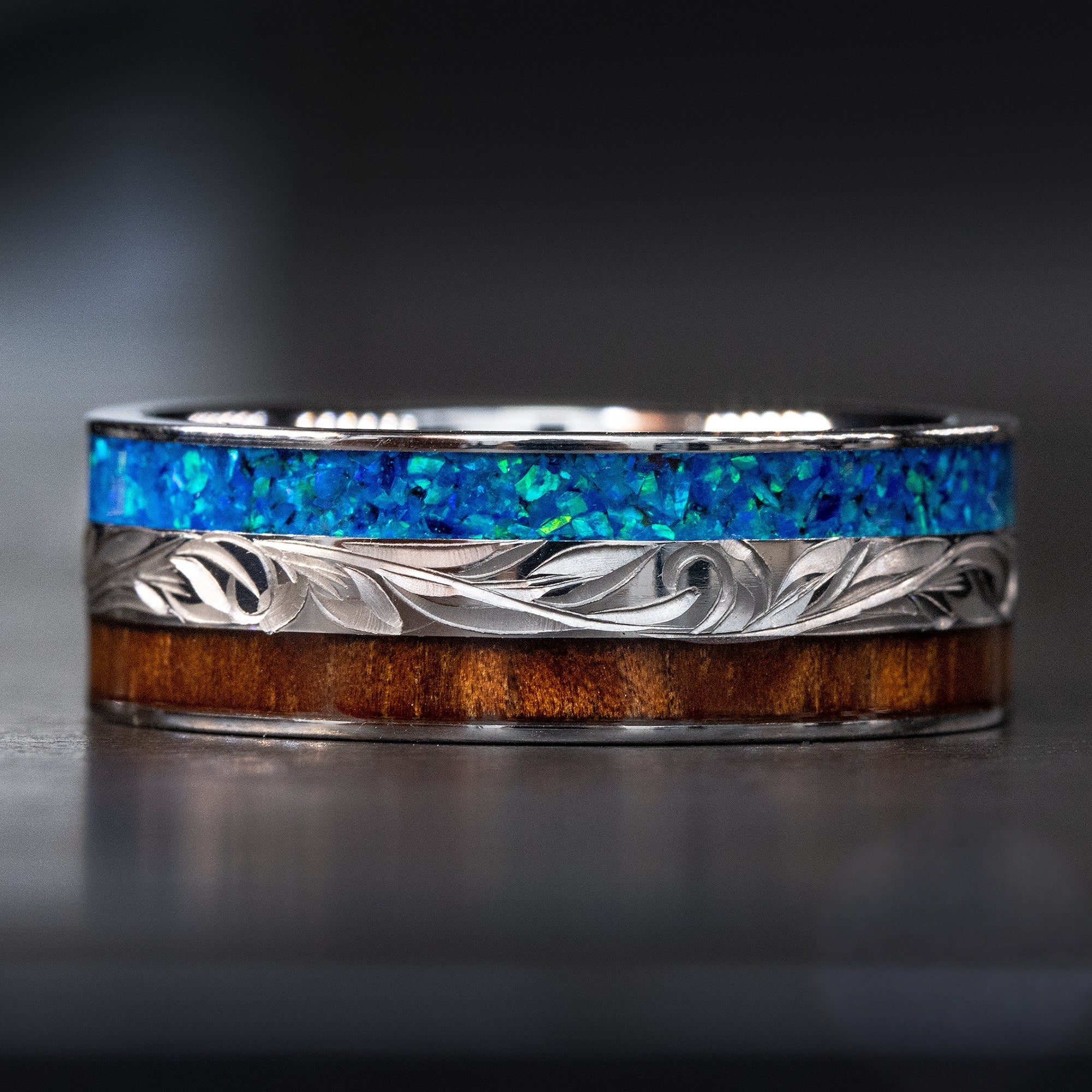 Titanium Hand Engraved Ring [8mm width] Azure Blue Opal & Hawaiian Koa Wood Inlay - Flat Shape, Comfort Fitment