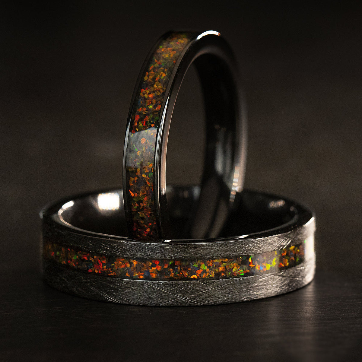 Pair of Zirconium Rings [4&6mm  width] Fire Opal Inlay - Flat Shape, Comfort Fitment