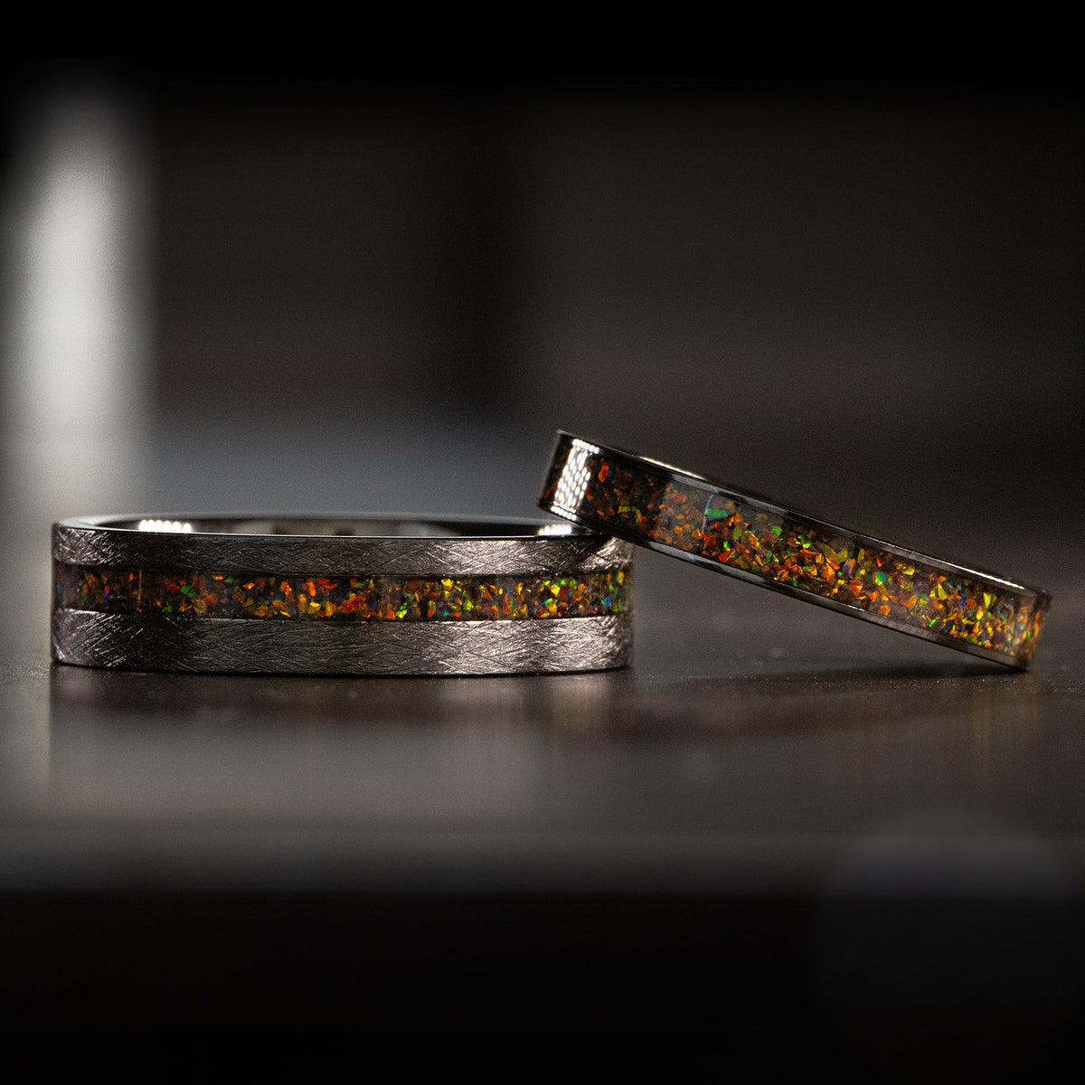 Pair of Zirconium Rings [4&6mm  width] Fire Opal Inlay - Flat Shape, Comfort Fitment
