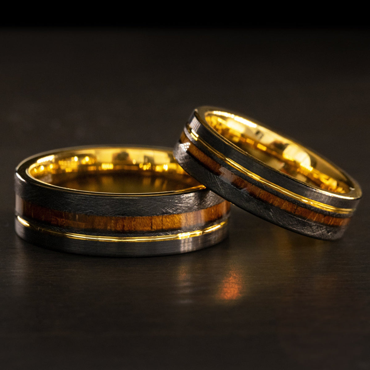 Pair of Black & Gold Tungsten Carbide Ring with Offset strip & Koa Wood Inlay [6&8mm width] Flat Shape, Comfort Fitment