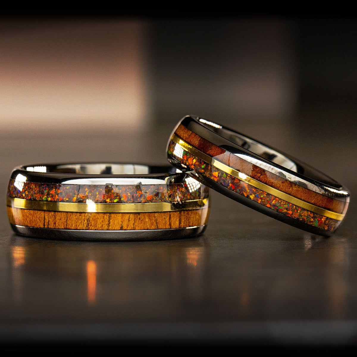 Pair of Gunmetal Tungsten Carbide Mid-Gold Strip Ring Set [6&8mm widths] Fire Opal & Hawaiian Koa Wood - Barrel Shape, Comfort Fitment