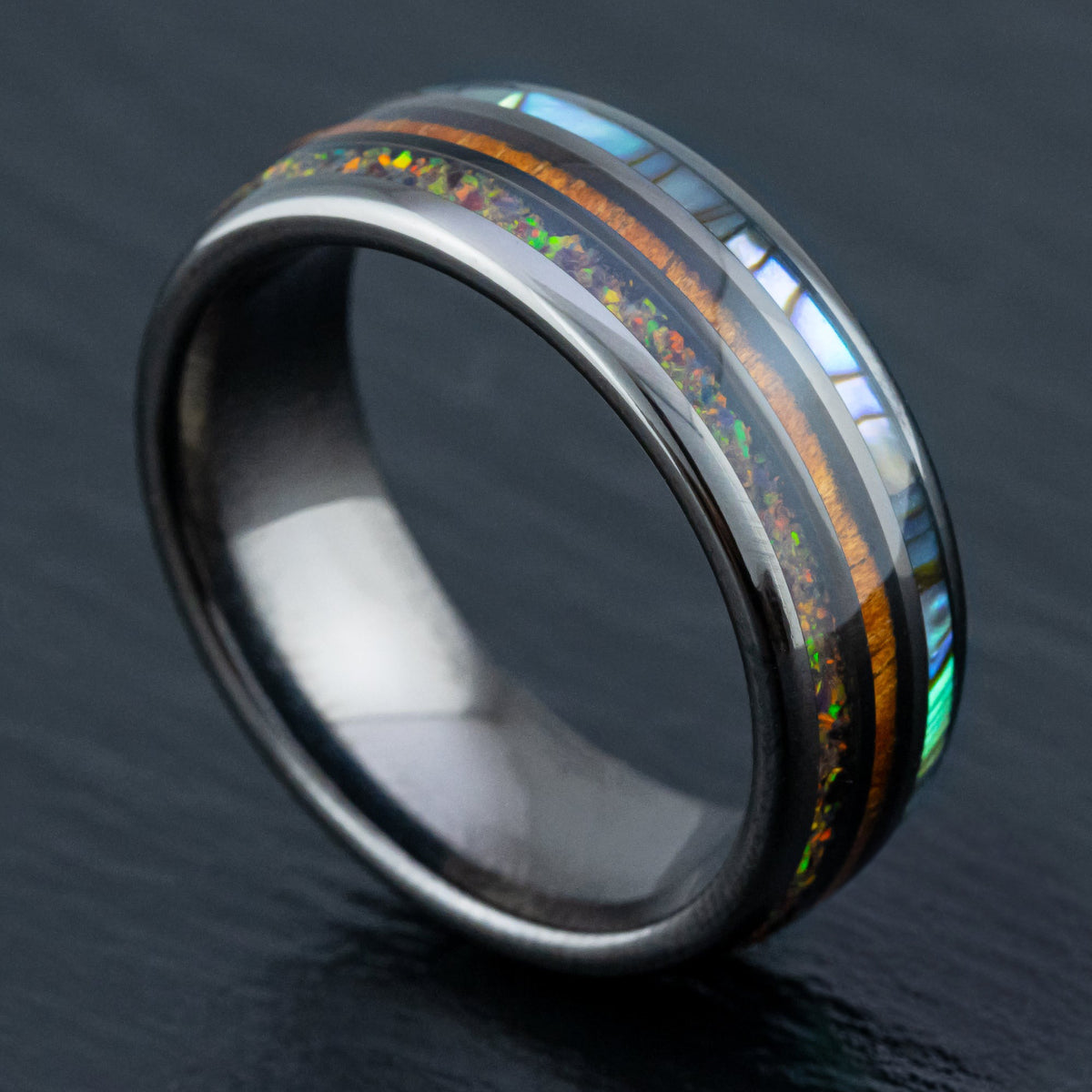 Gun Grey Tungsten Carbide Ring [8mm width] Abalone Shell, Fire Opal, & Hawaiian Koa Wood Tri-Inlay - Barrel Shape