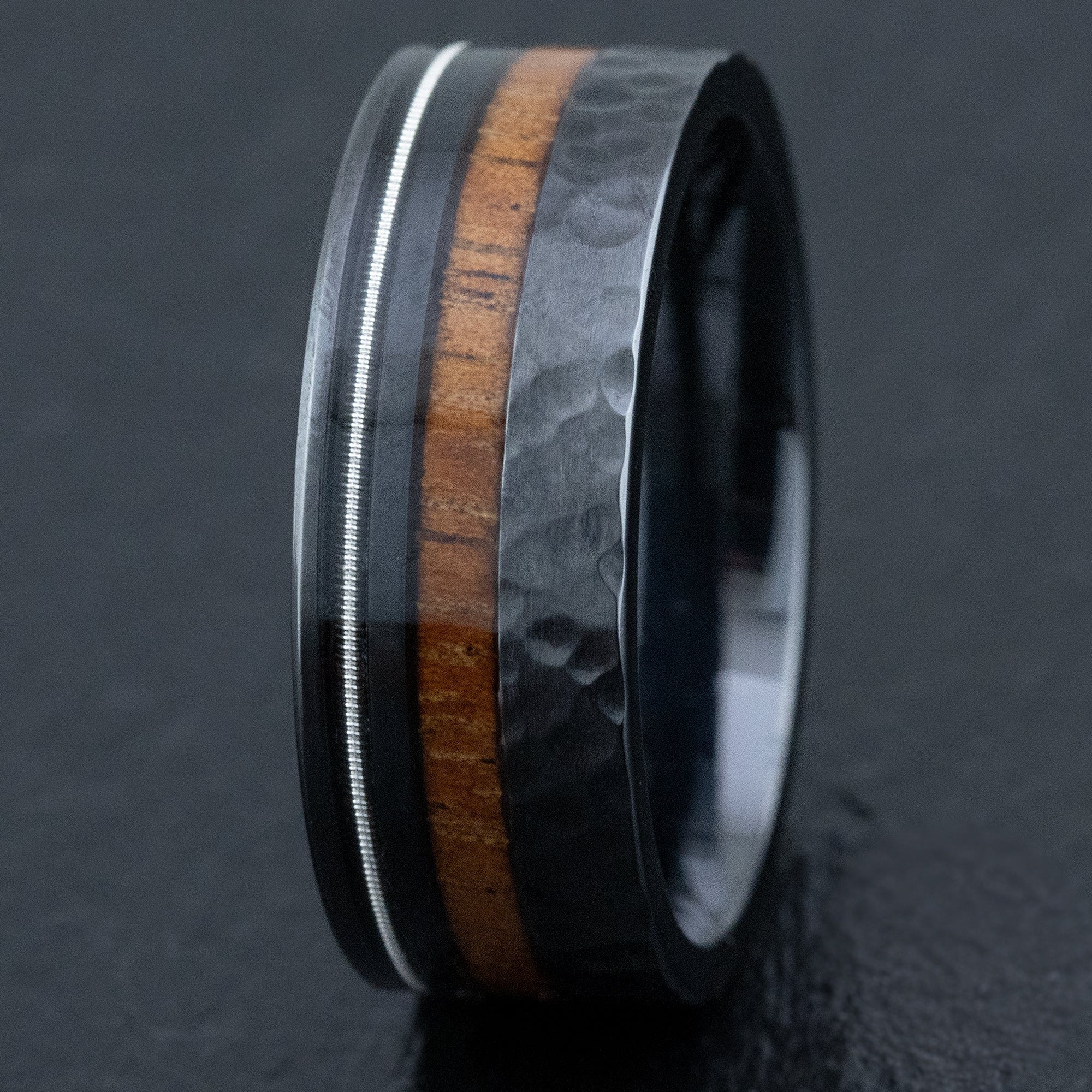 Black Titanium Hammered Finish Ring [9mm width] Offset Guitar String & Hawaiian Koa Wood - Flat Shape