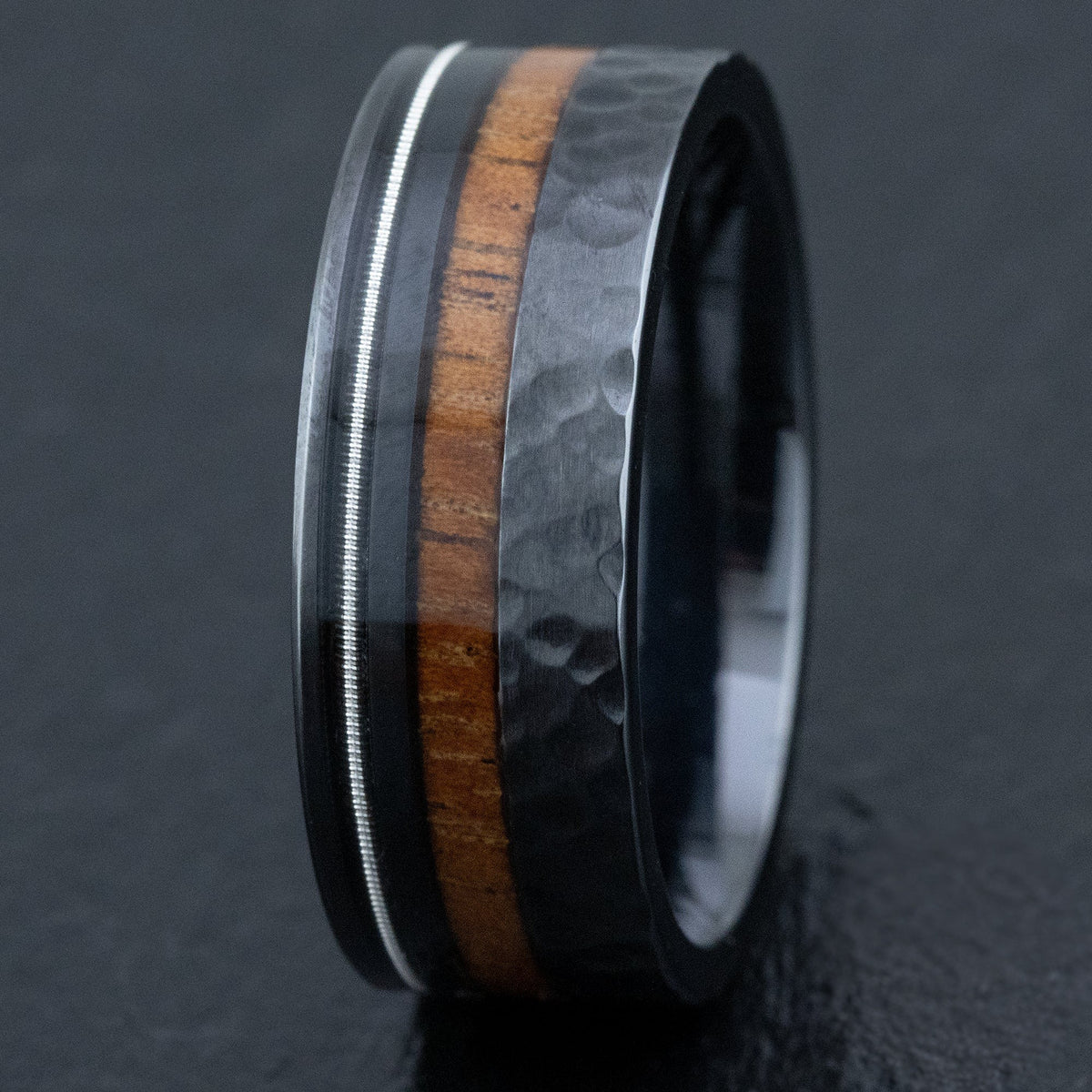 Black Titanium Hammered Finish Ring [9mm width] Offset Guitar String & Hawaiian Koa Wood - Flat Shape