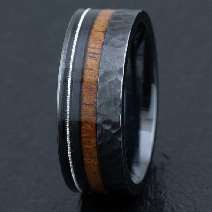 Black Titanium Hammered Finish Ring [9mm width] Offset Guitar String & Hawaiian Koa Wood - Flat Shape