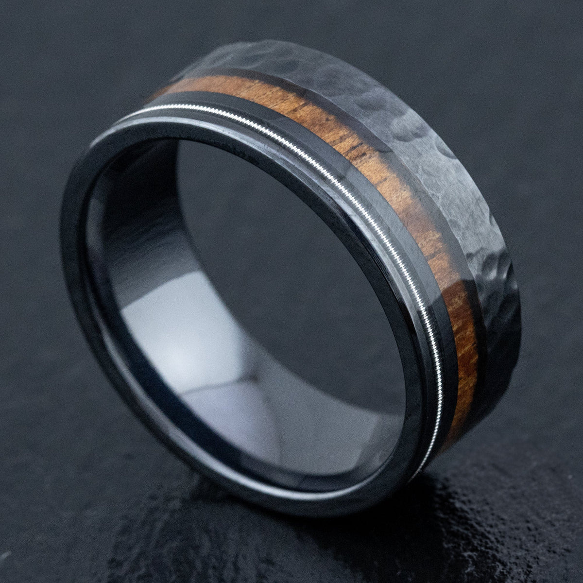 Black Titanium Hammered Finish Ring [9mm width] Offset Guitar String & Hawaiian Koa Wood - Flat Shape