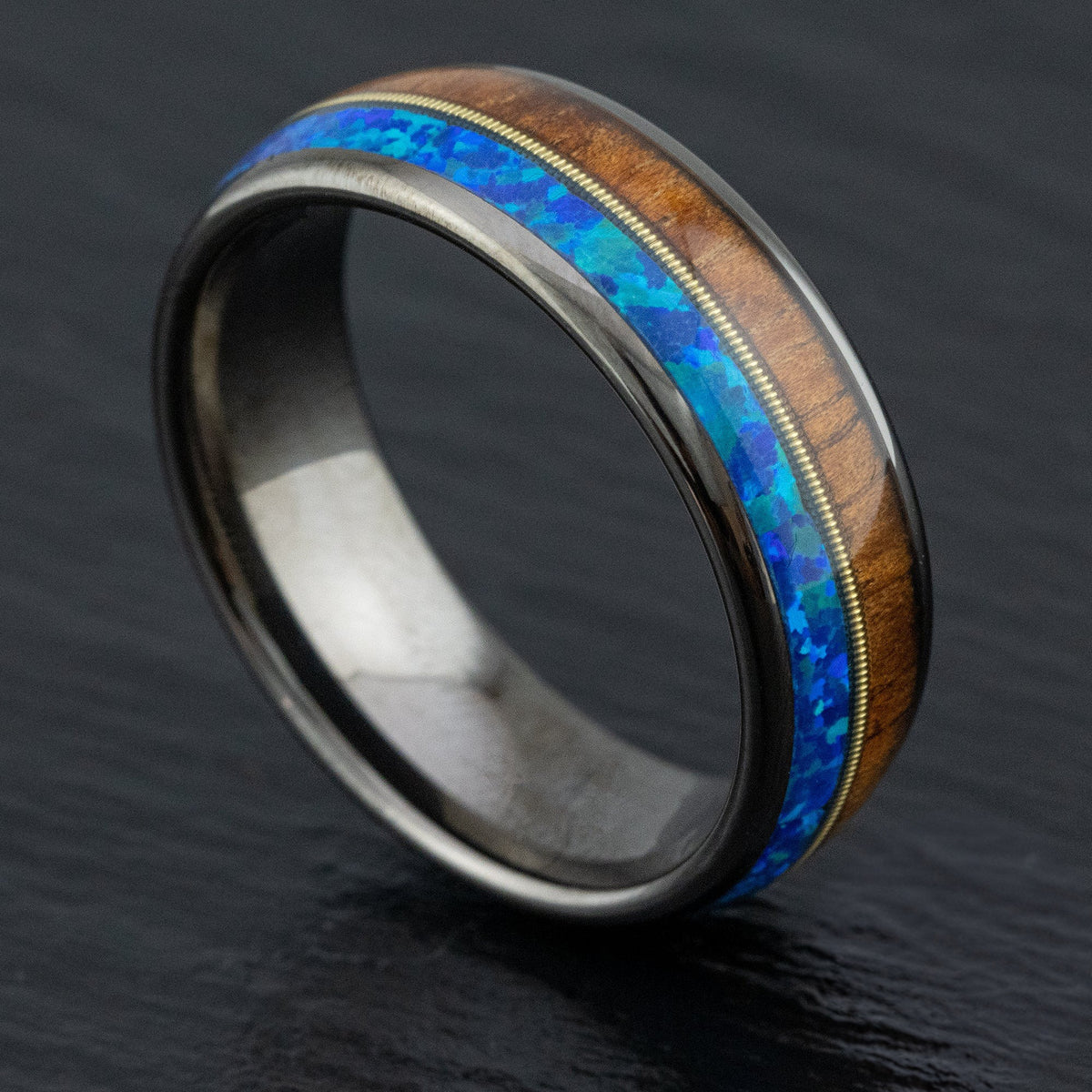 Gun Grey Tungsten Carbide Ring [8mm width] Mid-Guitar String, Blue Opal, & Hawaiian Koa Wood - Barrel Shape