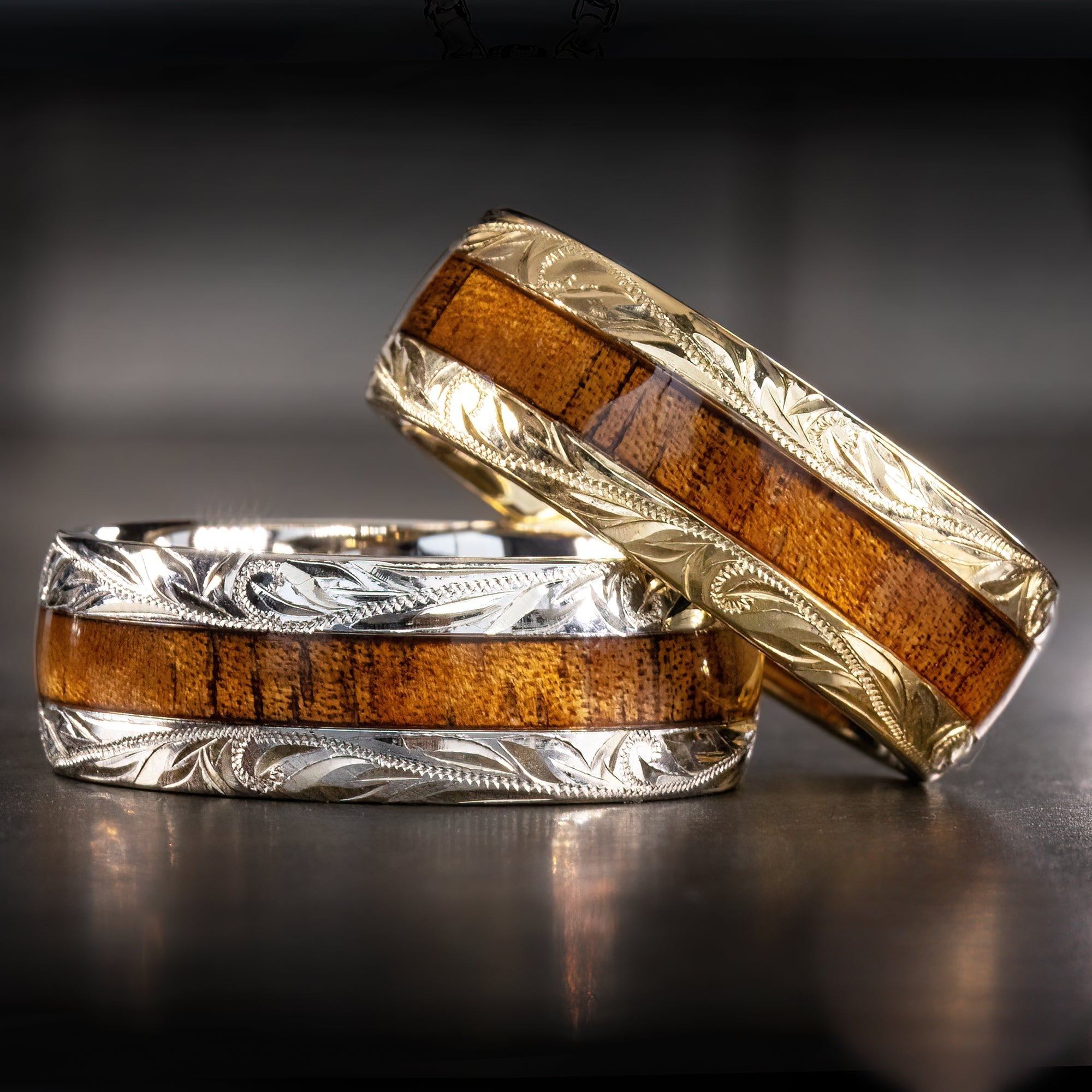Pair of 14K Gold Hawaiian Hand Engraved Rings [6&8mm] Koa Wood inlay - Barrel Shape