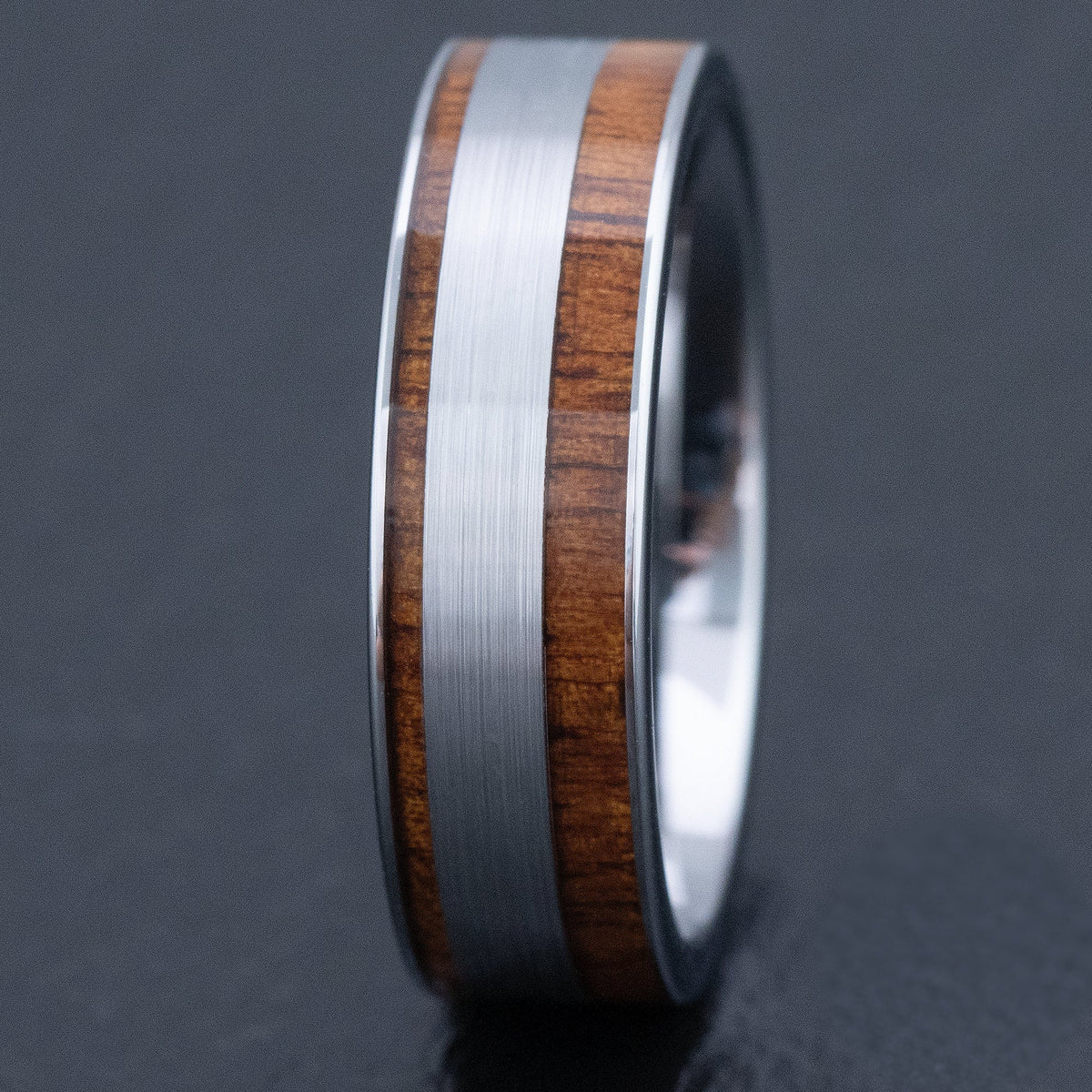 Tungsten Carbide Ring [7mm width] Offset Brush Finish & Hawaiian Koa Inlay - Flat Shape, Comfort Fitment