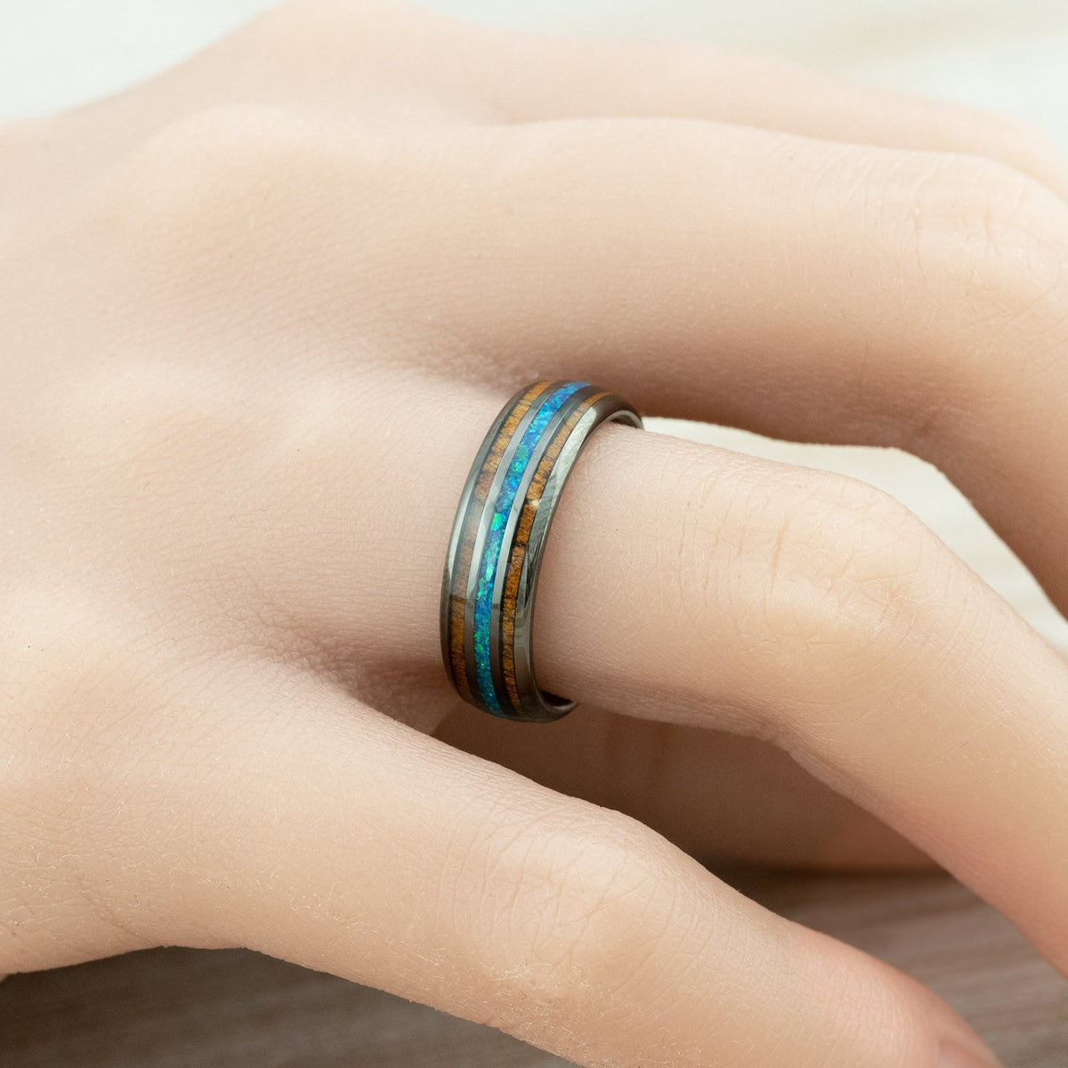 Gun Grey Tungsten Carbide Ring [6mm width] Blue Opal & Hawaiian Koa Wood Tri-Inlay - Barrel Shape, Comfort Fitment