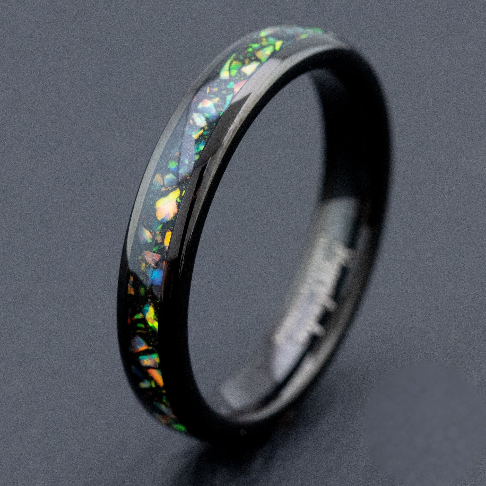 Black Tungsten Carbide Ring [4mm width] Midnight Fire Opal Inlay - Barrel Shape, Comfort Fitment