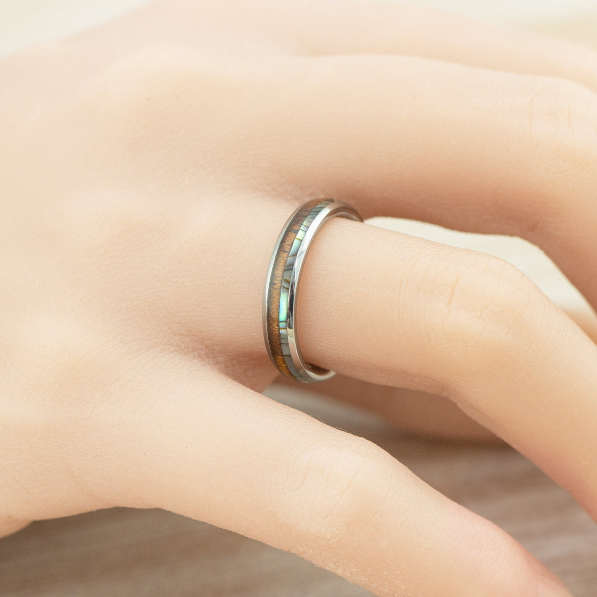 Tungsten Carbide Ring [4mm width] Abalone Shell & Koa Wood Duo Inlay - Barrel Shape, Comfort Fitment