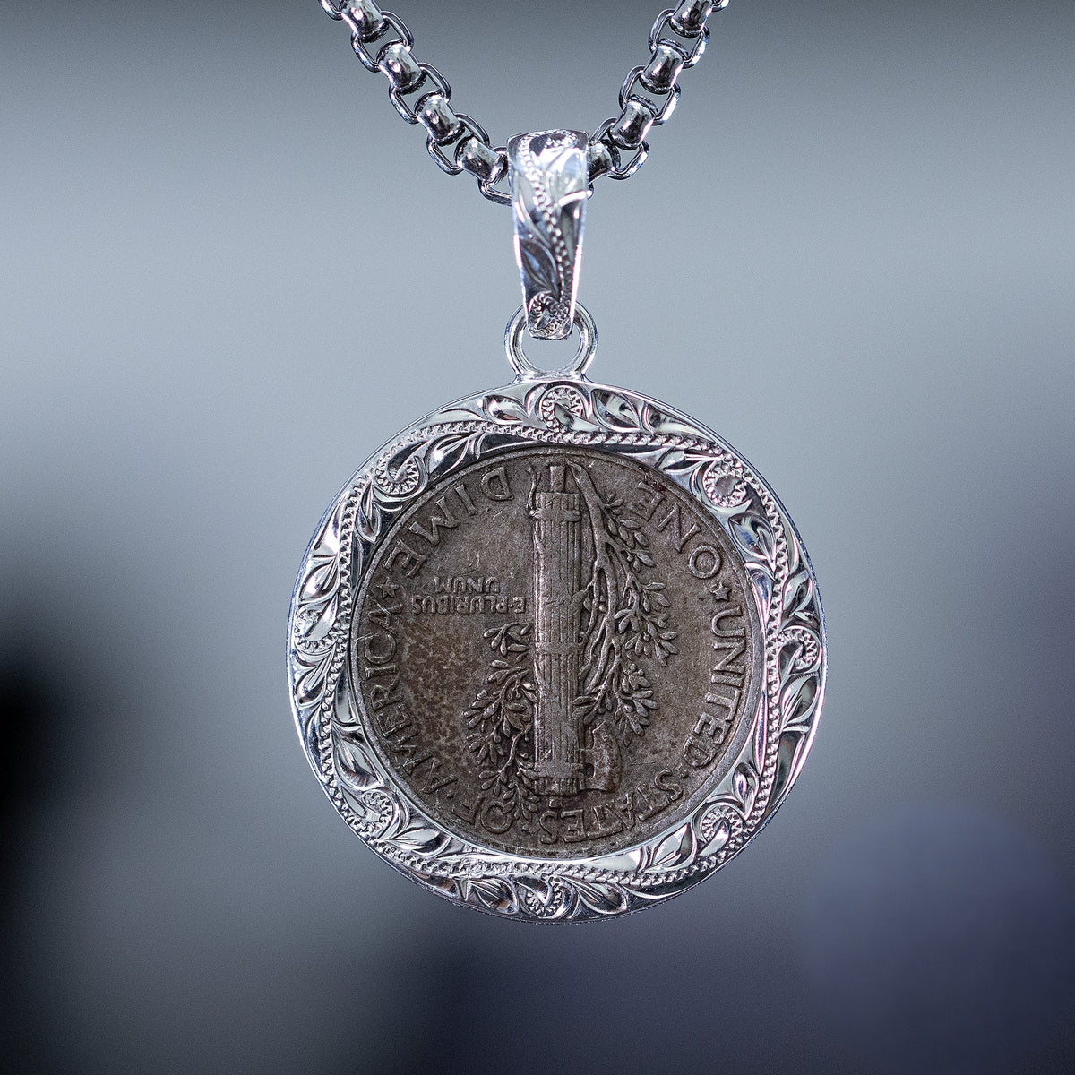 Sterling Silver [12mm] Mercury Dime Hawaiian Jewelry Pendant - Chain Included