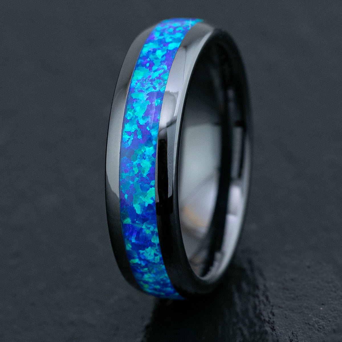 Black Hi-Tech Ceramic Ring /  Blue Opal Inlay / 6mm / Dome Shape & Comfort Fitment