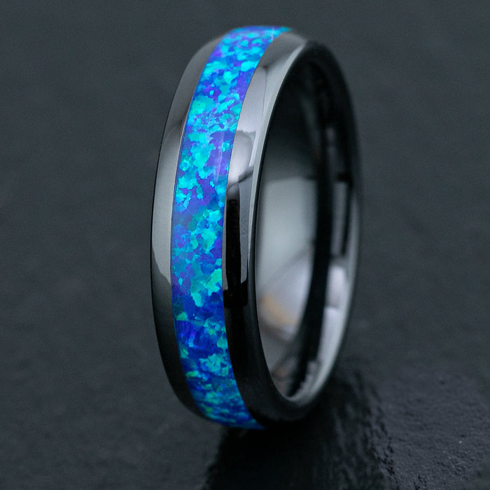 Black Hi-Tech Ceramic Ring /  Blue Opal Inlay / 6mm / Dome Shape & Comfort Fitment