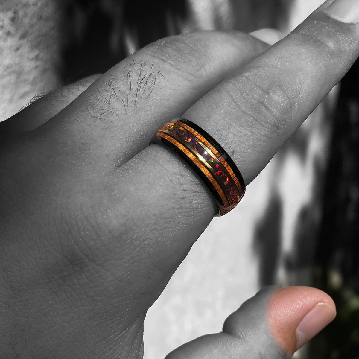 Black Tungsten 8mm Mid-Gold Strip Ring / Rasta Fire Opal & Hawaiian Koa Wood Tri-Inlay / Dome Shape & Comfort Fitment
