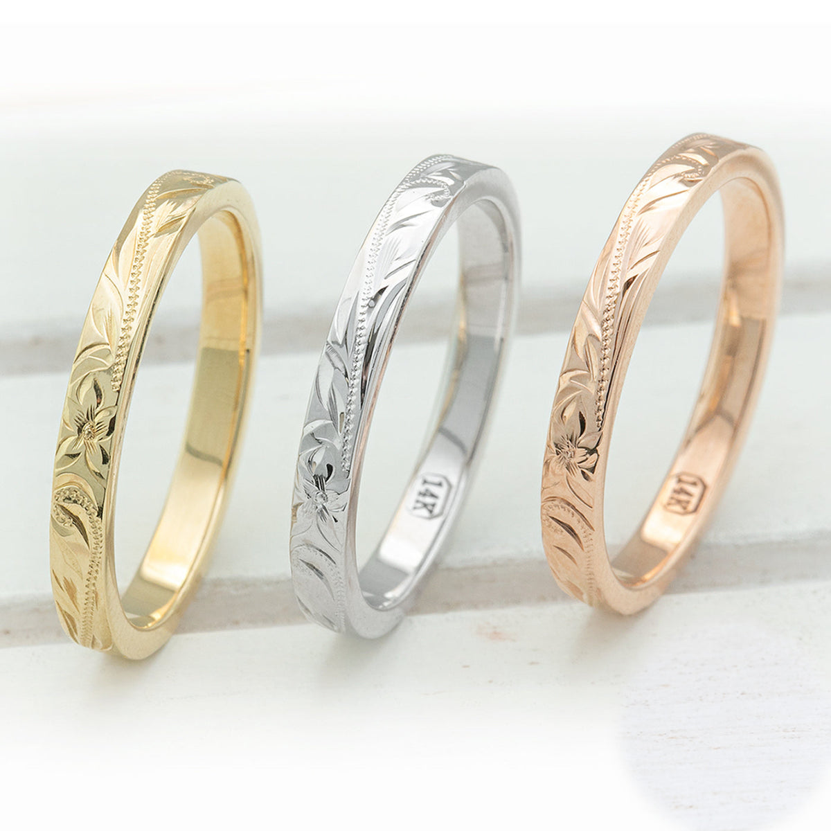 Solid Gold [2.5mm] Hawaiian Jewelry Hand Engraved Ring - Flat Shape