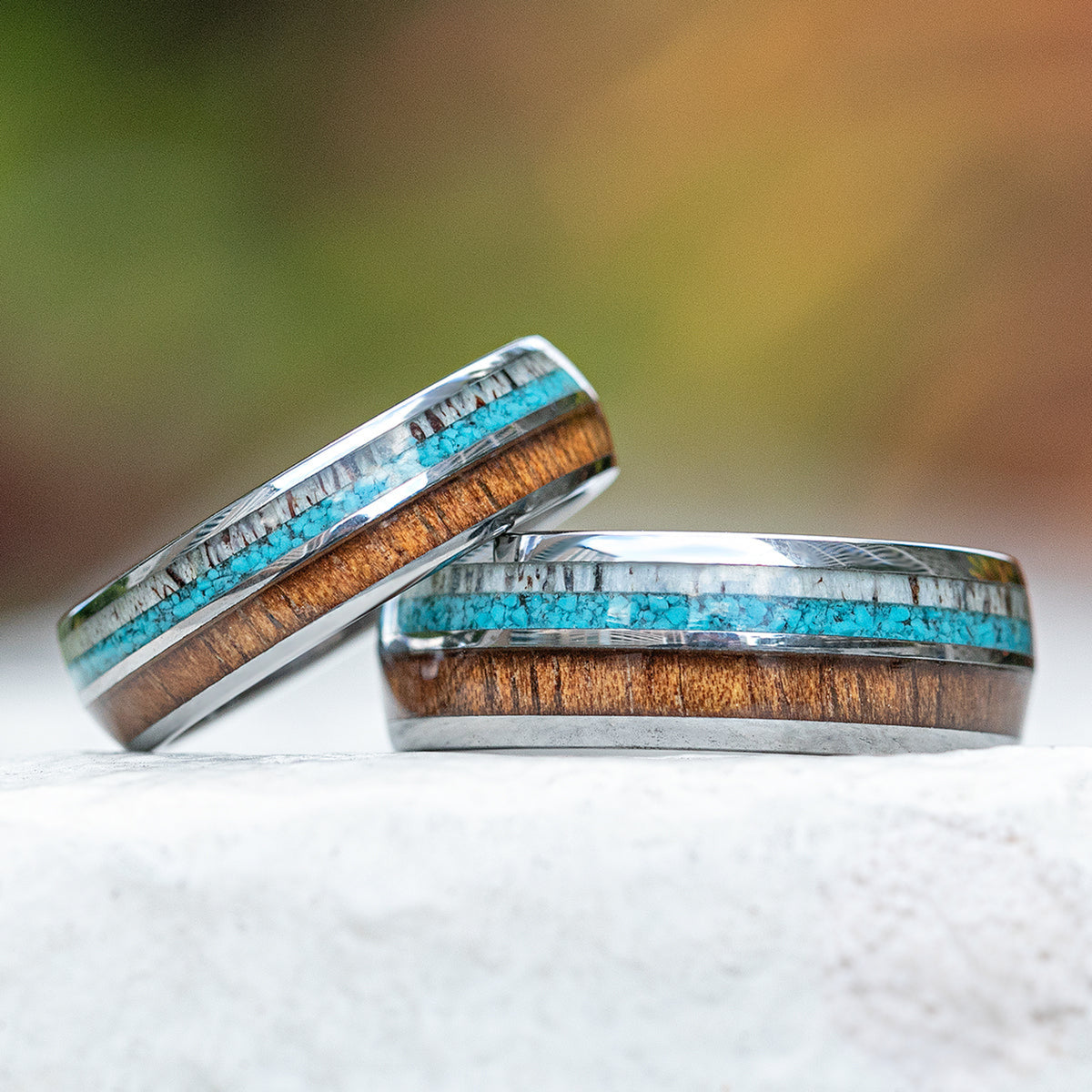 Pair of 6&8mm Tungsten Carbide Rings with Antler, Turquoise, & Hawaiian Koa Wood Inlay - Dome Shape, Comfort Fitment