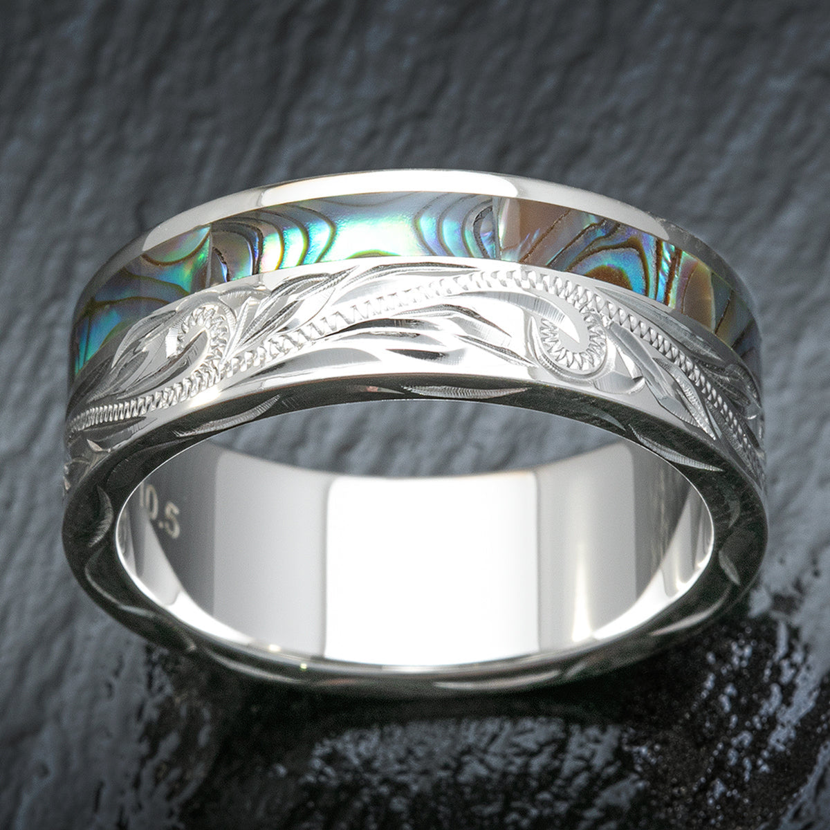 Sterling Silver Hand Engraved Ring with Offset Abalone Shell Inlay - 8mm, Flat Shape, Standard Fitment