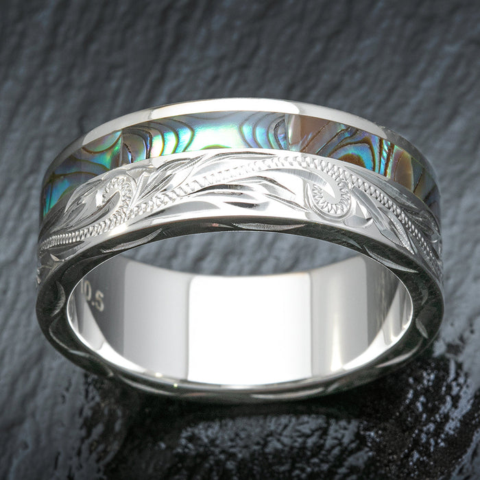 Sterling Silver Hand Engraved Ring with Offset Abalone Shell Inlay - 8mm, Flat Shape, Standard Fitment