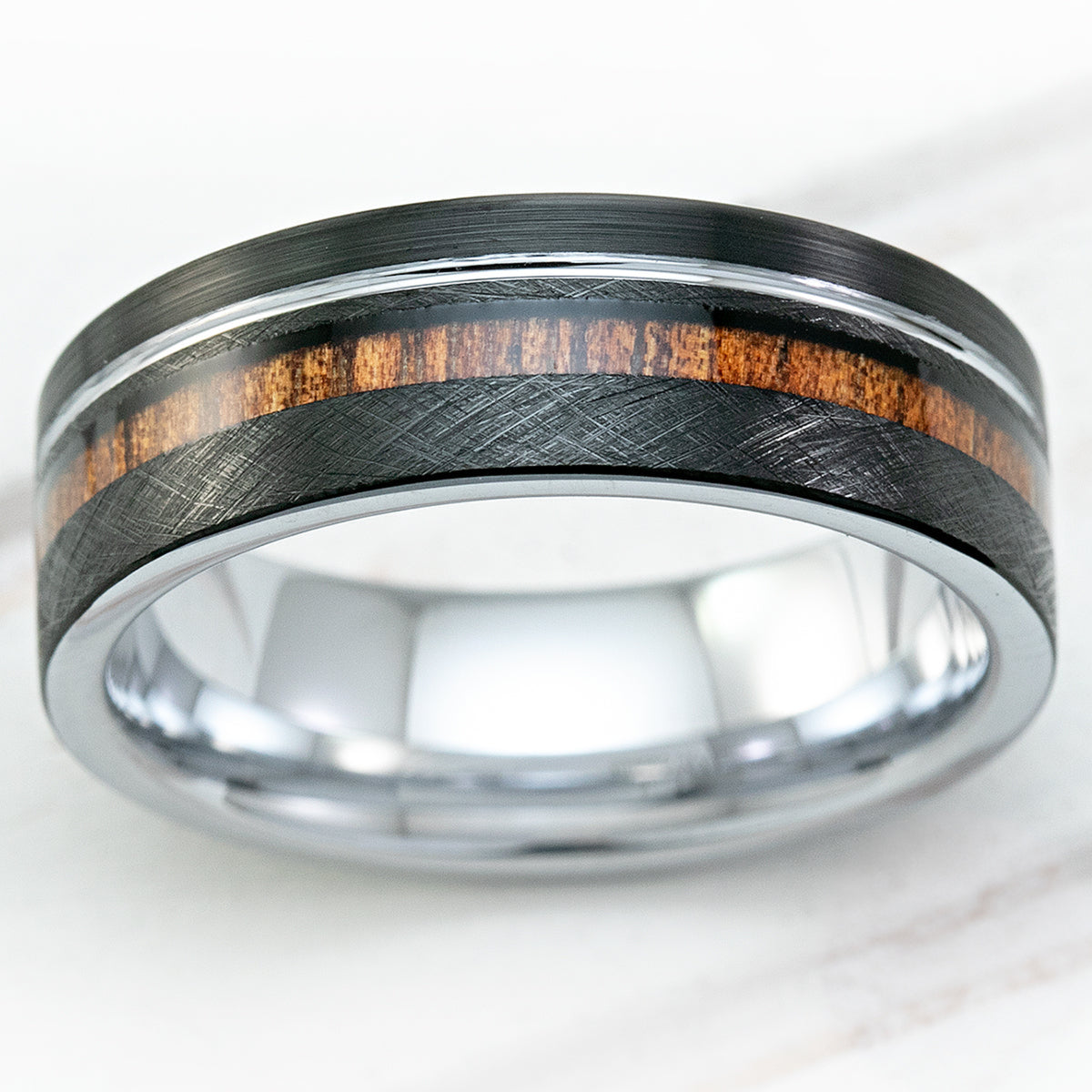 Black & White Gold Tungsten Carbide Ring with Offset strip and Koa Wood Inlay -7.5mm Flat Shape, Comfort Fitment
