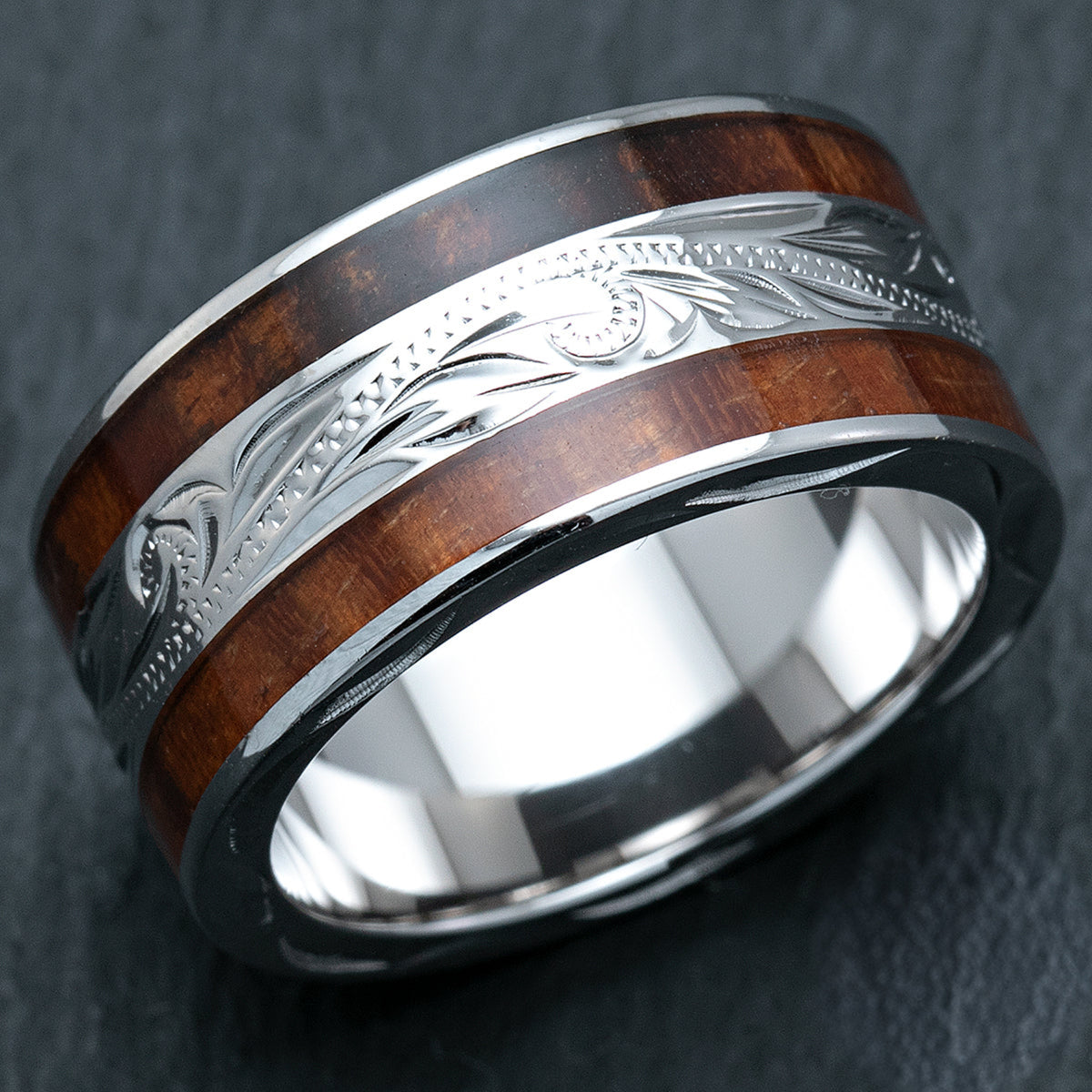 Sterling Silver 10mm Wide Width Hawaiian Jewelry Ring with Hawaii Koa Wood Duo Inlay - Flat Shape, Standard Fitment