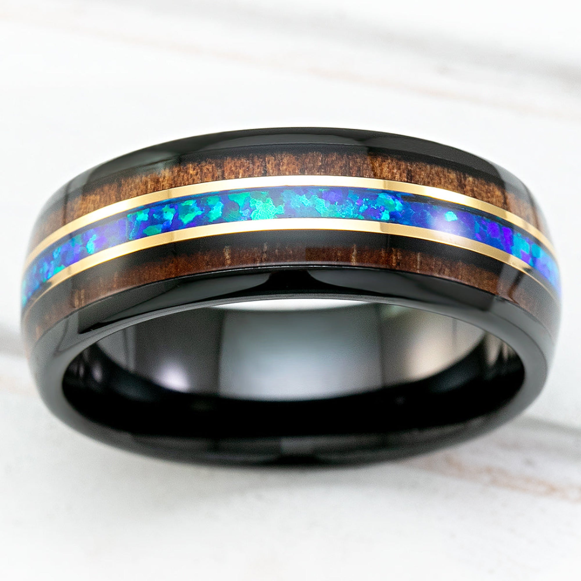 Black Tungsten with Gold Strip Ring with Blue Opal & Hawaiian Koa Wood Tri-Inlay - 8mm, Dome Shape, Comfort Fitment