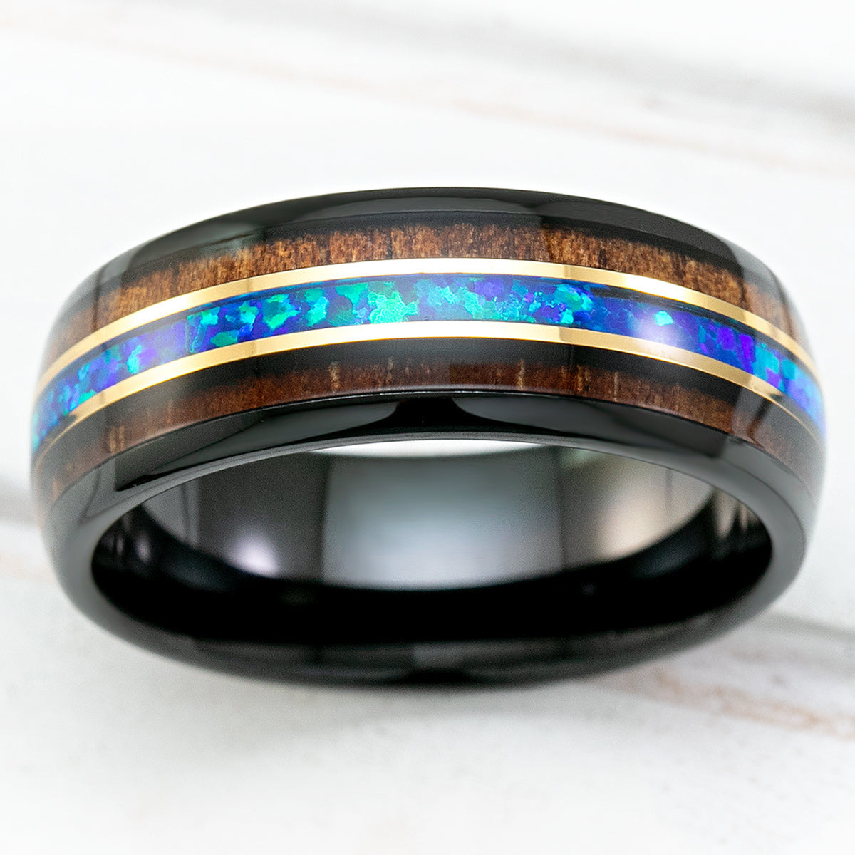 Black Tungsten with Gold Strip Ring with Blue Opal & Hawaiian Koa Wood Tri-Inlay - 8mm, Dome Shape, Comfort Fitment