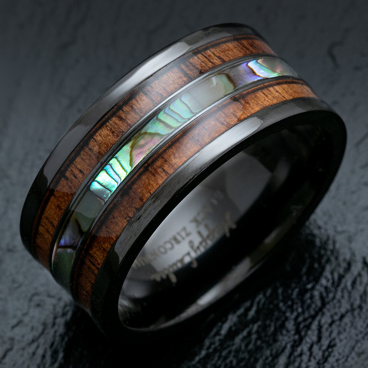 Black Zirconium Wide Width 10mm Ring with Abalone Shell & Koa Wood Tri-Inlay - Flat Shape, Comfort Fitment