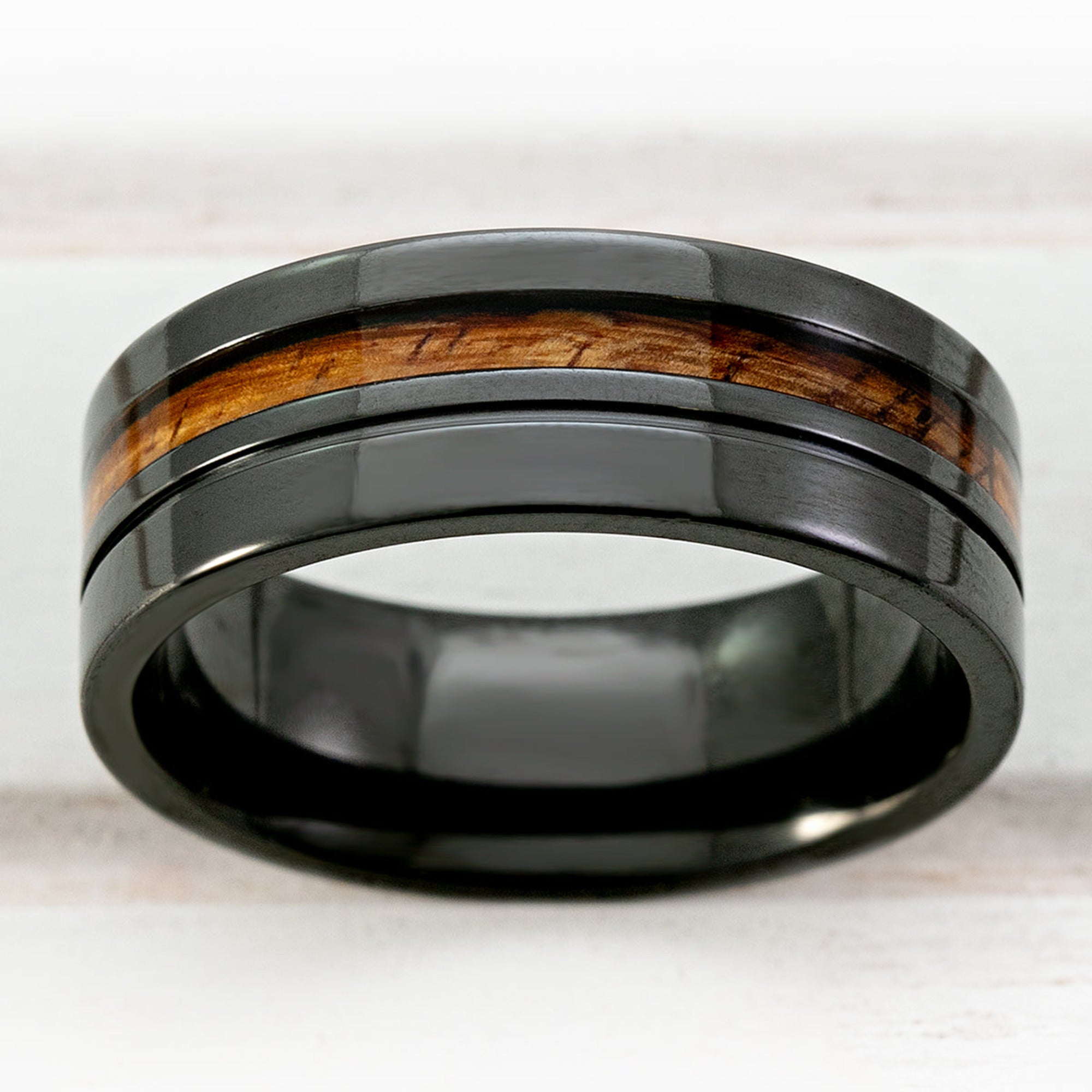 Black Zirconium High Polished Ring with Offset Hawaiian Koa Wood Inlay - 8mm Flat Shape, Comfort Fitment