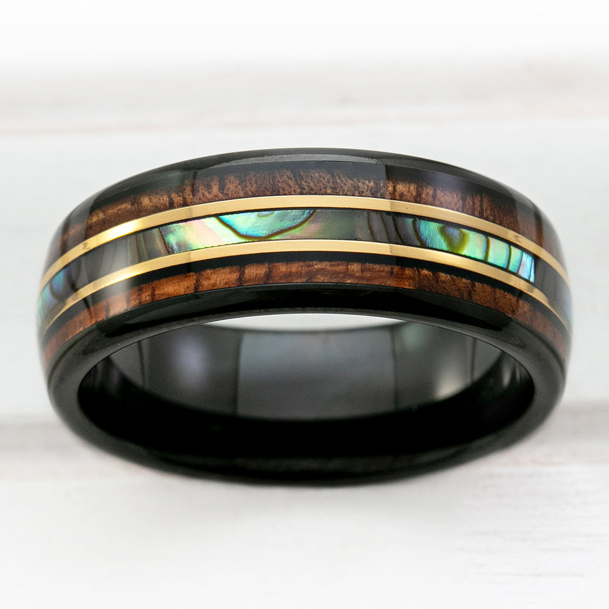 Black Tungsten with Gold Strip Ring with Abalone Shell & Hawaiian Koa Wood Tri-Inlay - 8mm, Dome Shape, Comfort Fitment