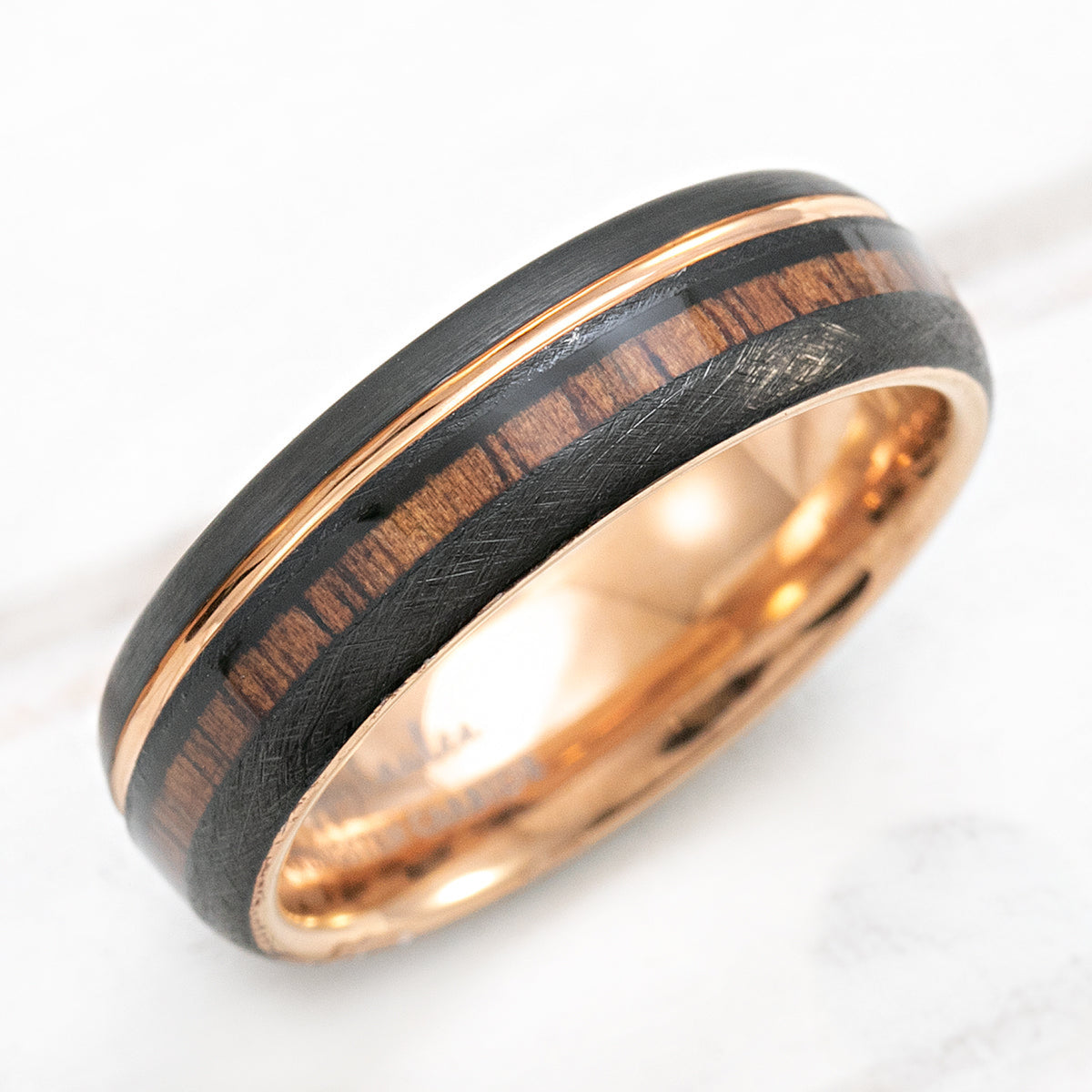 Black & Rose Gold Tungsten Ring with Offset Strip and Koa Wood Inlay - 6mm, Dome Shape, Comfort Fitment