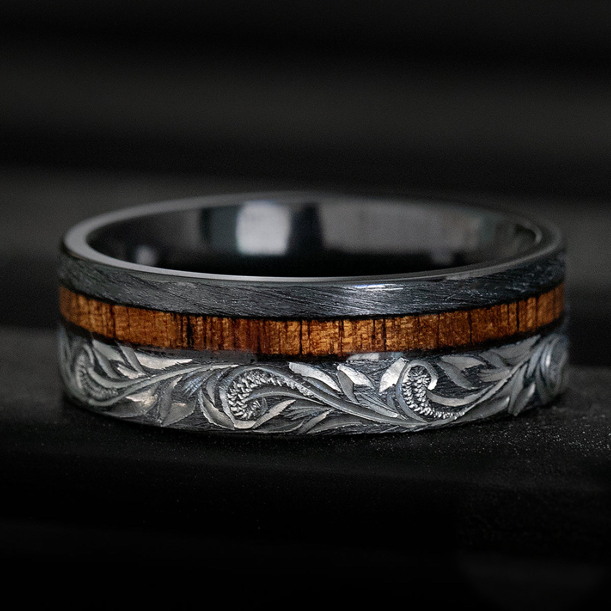 Black Zirconium Hand Engraved Ring [8mm width] Offset Koa Wood Inlay -