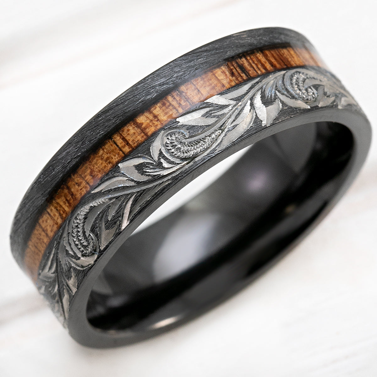Black Zirconium Hand Engraved Ring [8mm width] Offset Koa Wood Inlay - Flat Shape, Comfort Fitment