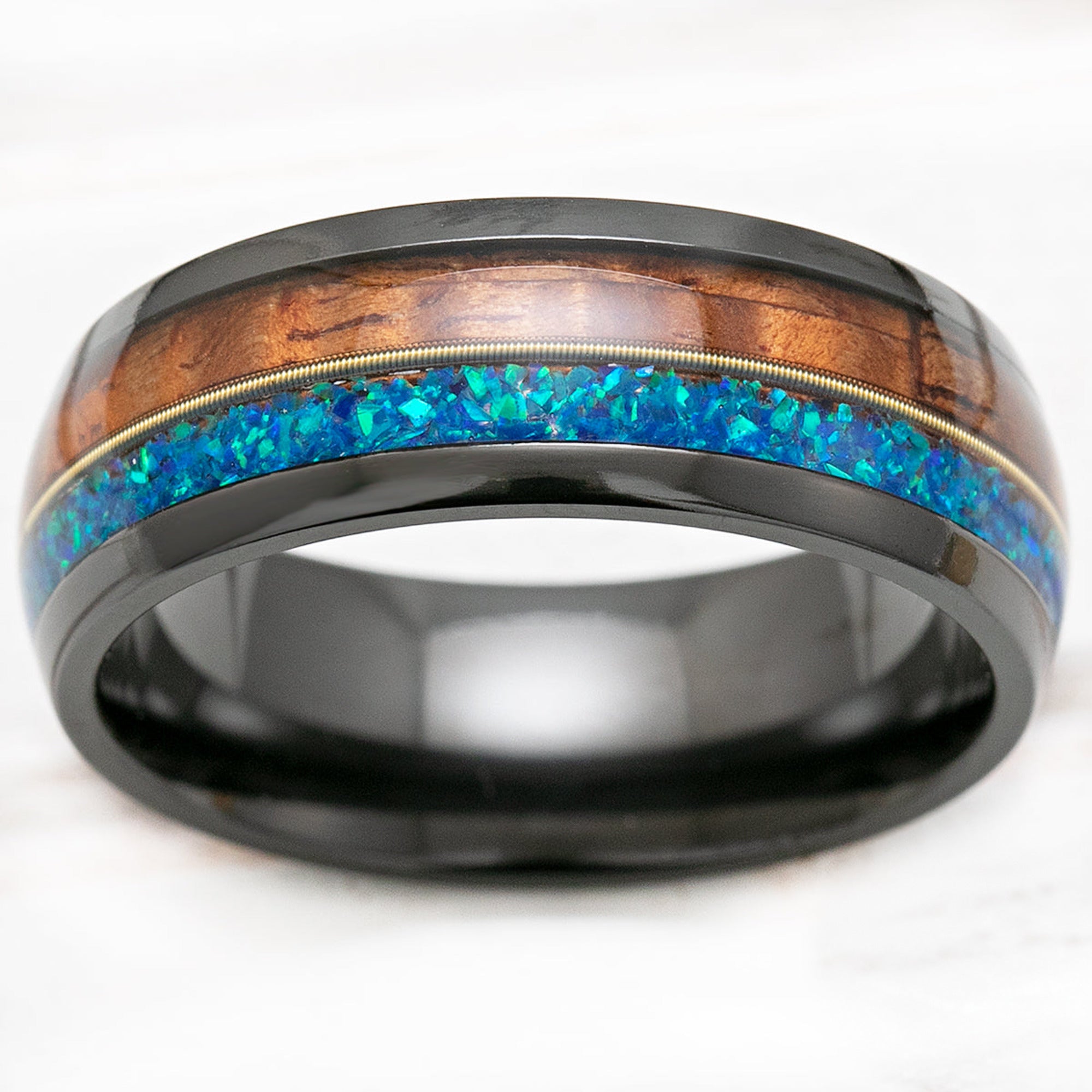 Black Zirconium 8mm Ring with Guitar String, Azure Opal, & Hawaiian Koa Wood - Dome Shape, Comfort Fitment