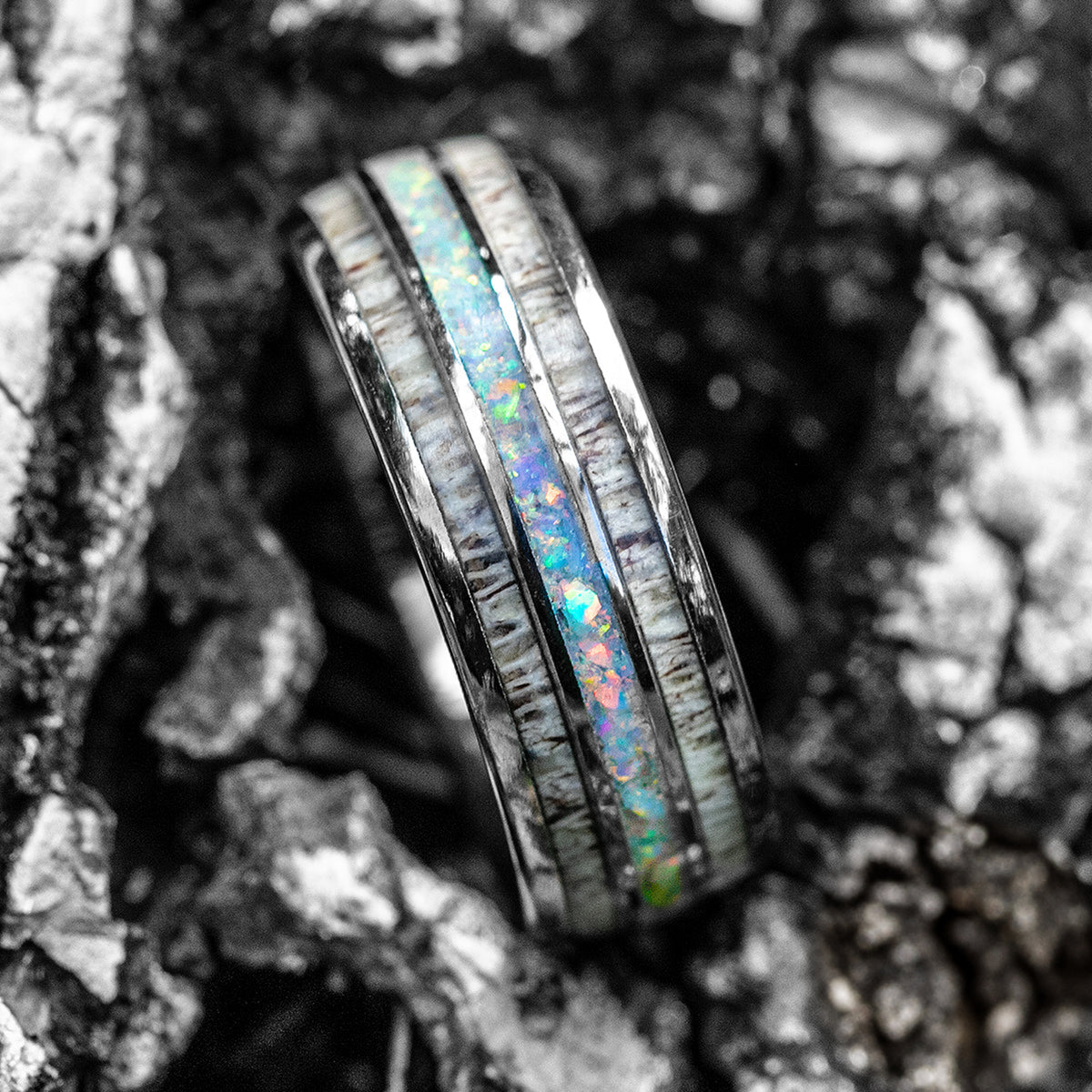 Tungsten Carbide 8mm Ring with White Opal & Antler Tri-Inlay - Dome Shape, Comfort Fitment