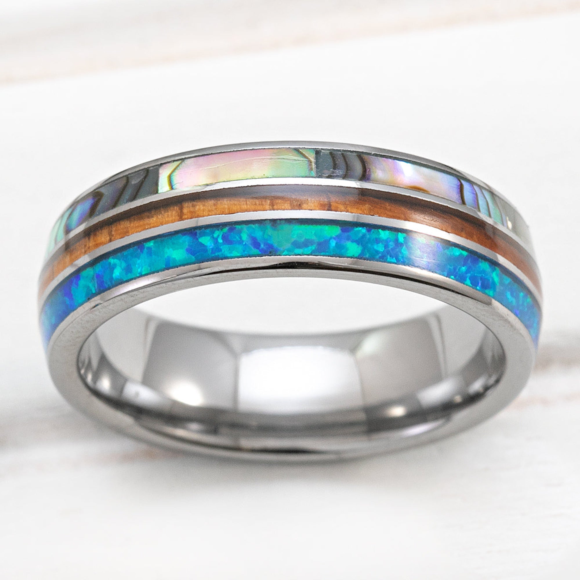 Tungsten Carbide 6mm Ring with Abalone Shell, Koa Wood, & Opal Tri- Inlay - Dome Shape, Comfort Fitment
