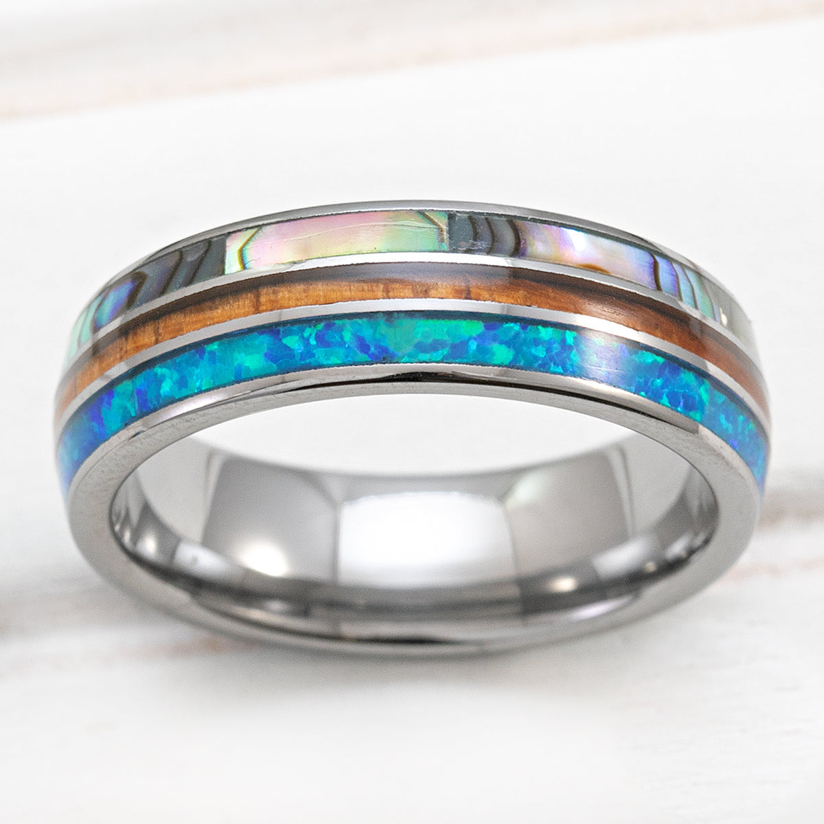Tungsten Carbide 6mm Ring with Abalone Shell, Koa Wood, & Opal Tri- Inlay - Dome Shape, Comfort Fitment