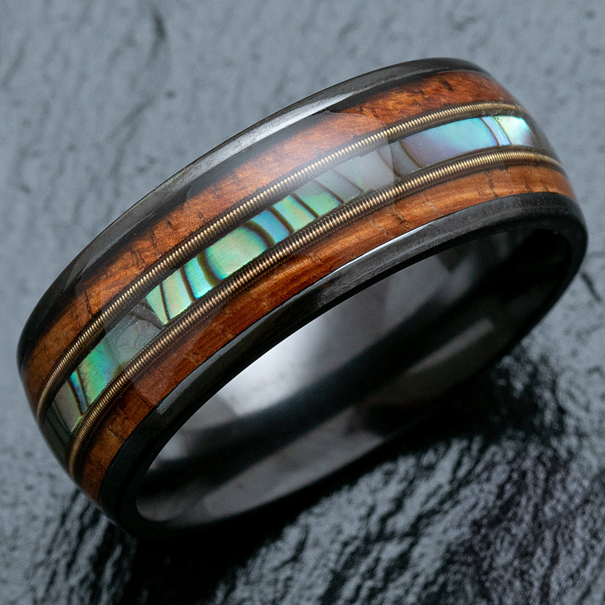 Black Zirconium Ring with Guitar String, Abalone Shell, & Koa Wood Tri-Inlay - 8mm, Dome Shape, Comfort Fitment
