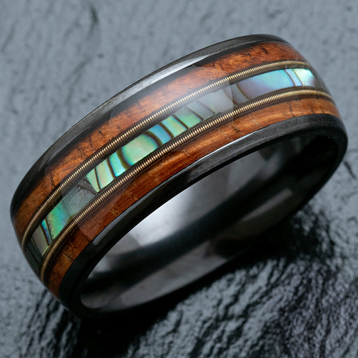 Black Zirconium Ring with Guitar String, Abalone Shell, & Koa Wood Tri-Inlay - 8mm, Dome Shape, Comfort Fitment