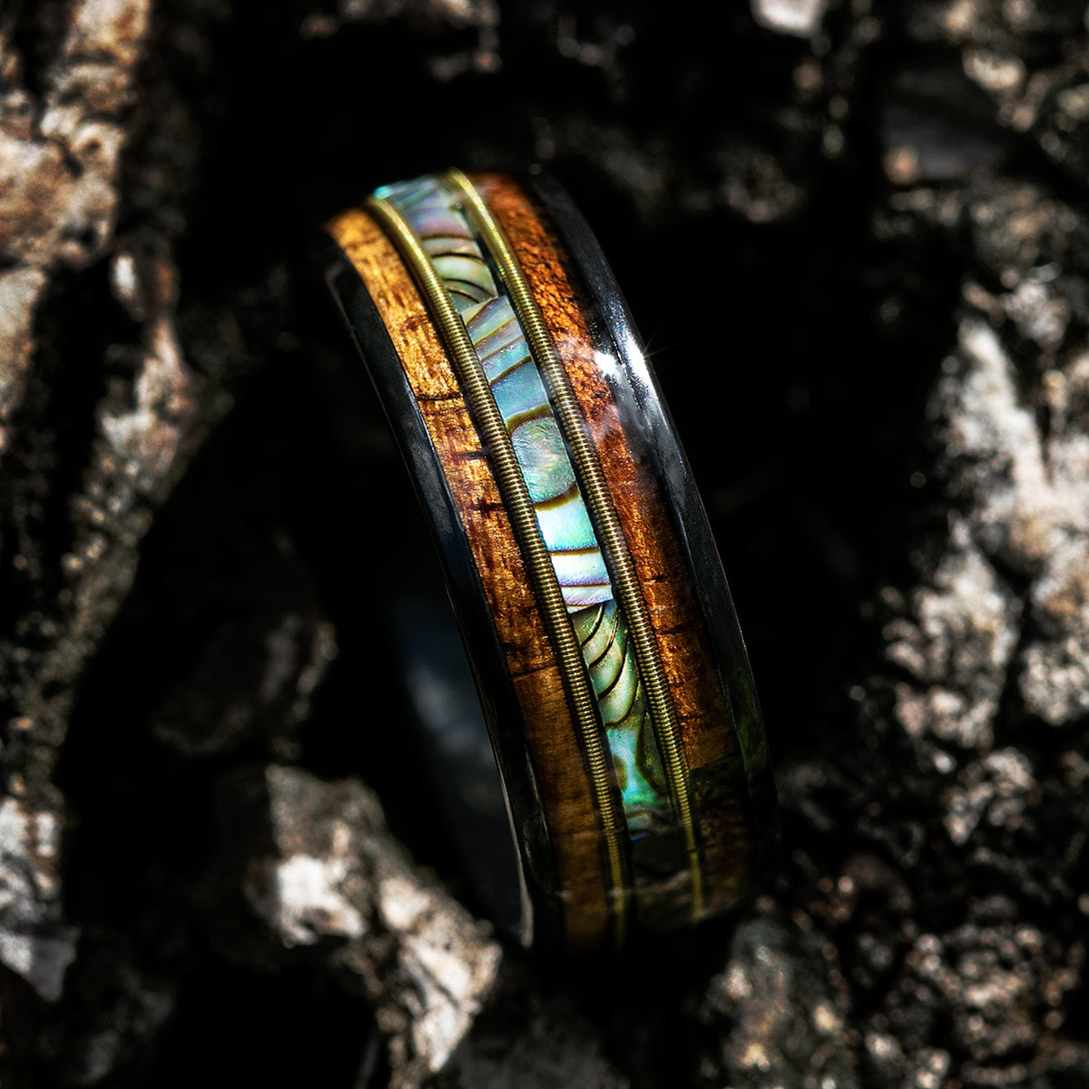 Black Zirconium Ring with Guitar String, Abalone Shell, & Koa Wood Tri-Inlay - 8mm, Dome Shape, Comfort Fitment
