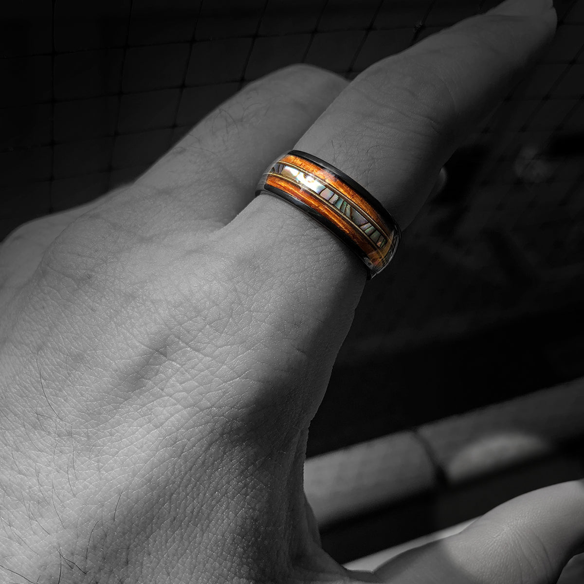 Black Zirconium Ring with Guitar String, Abalone Shell, & Koa Wood Tri-Inlay - 8mm, Dome Shape, Comfort Fitment