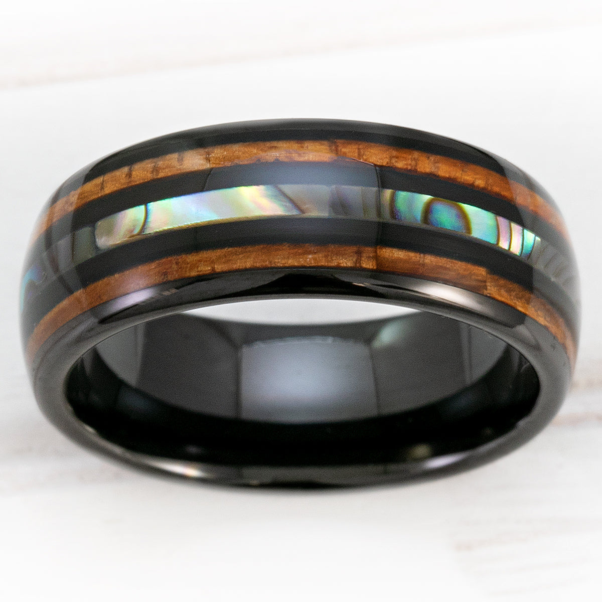 Black Tungsten Ring with Abalone Shell & Hawaiian Koa Wood Tri-Inlay - 8mm, Dome Shape