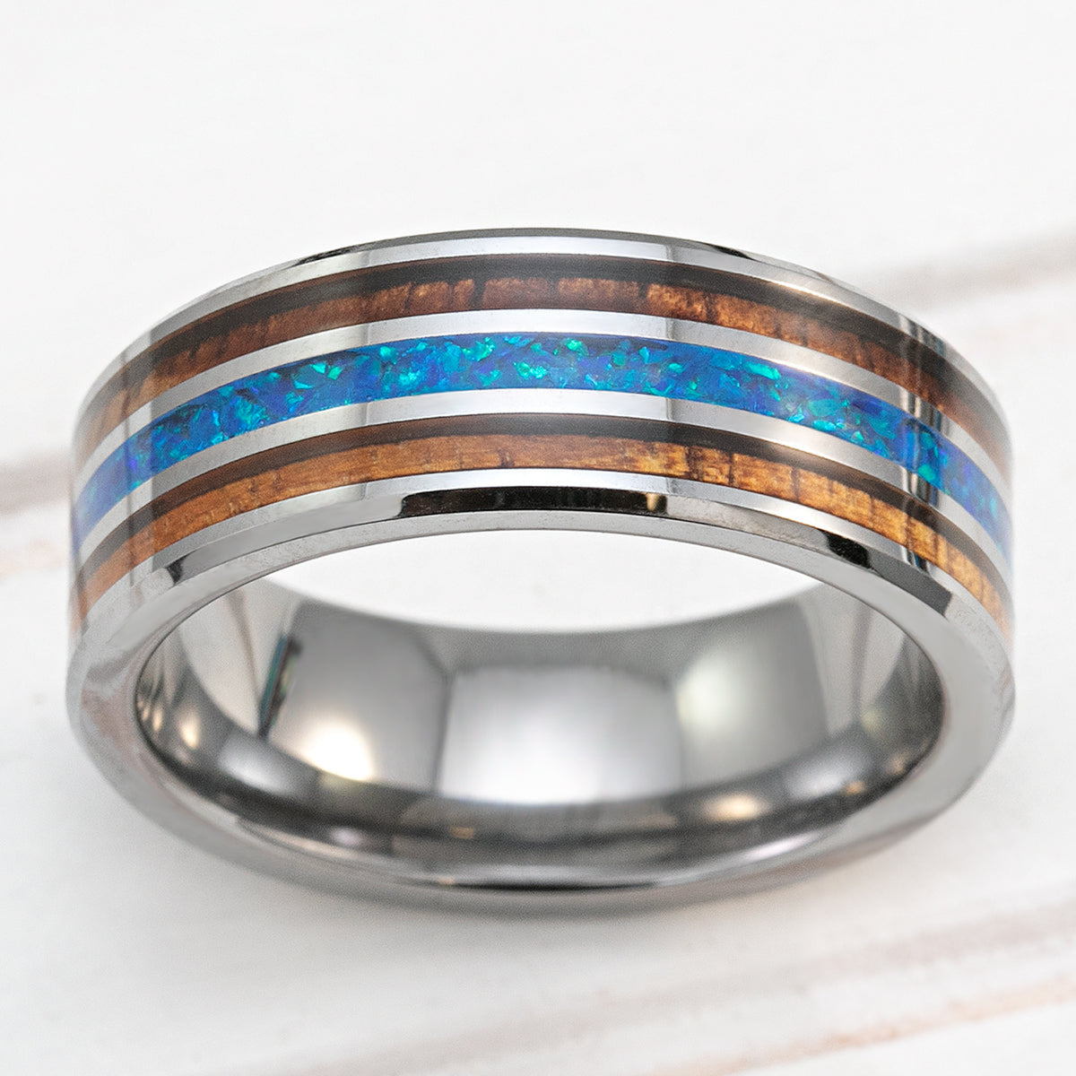 Tungsten Carbide Beveled Edge 8mm Ring with Hawaiian Koa & Azure Blue Opal Tri-Inlay - Flat Shape, Comfort Fitment