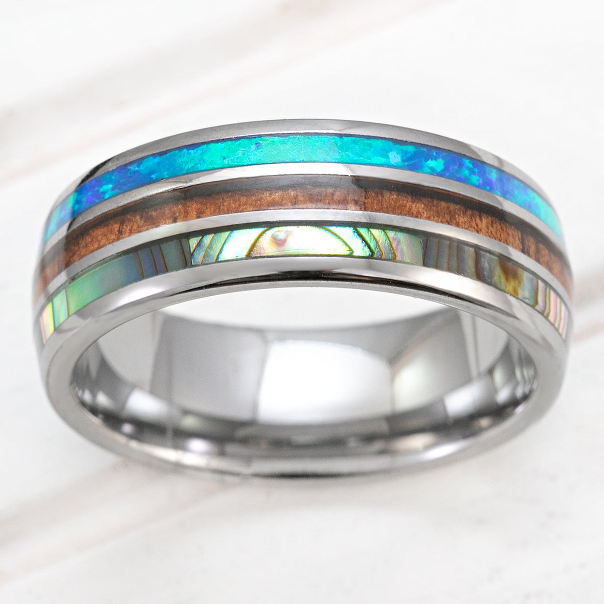 Tungsten Carbide 8mm Ring with Abalone Shell, Koa Wood, & Blue Opal Tri-Inlay - Dome Shape, Comfort Fitment